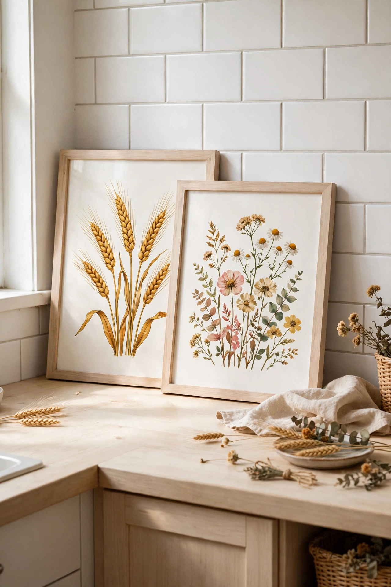 Botanical prints with mustard tones leaning on counter