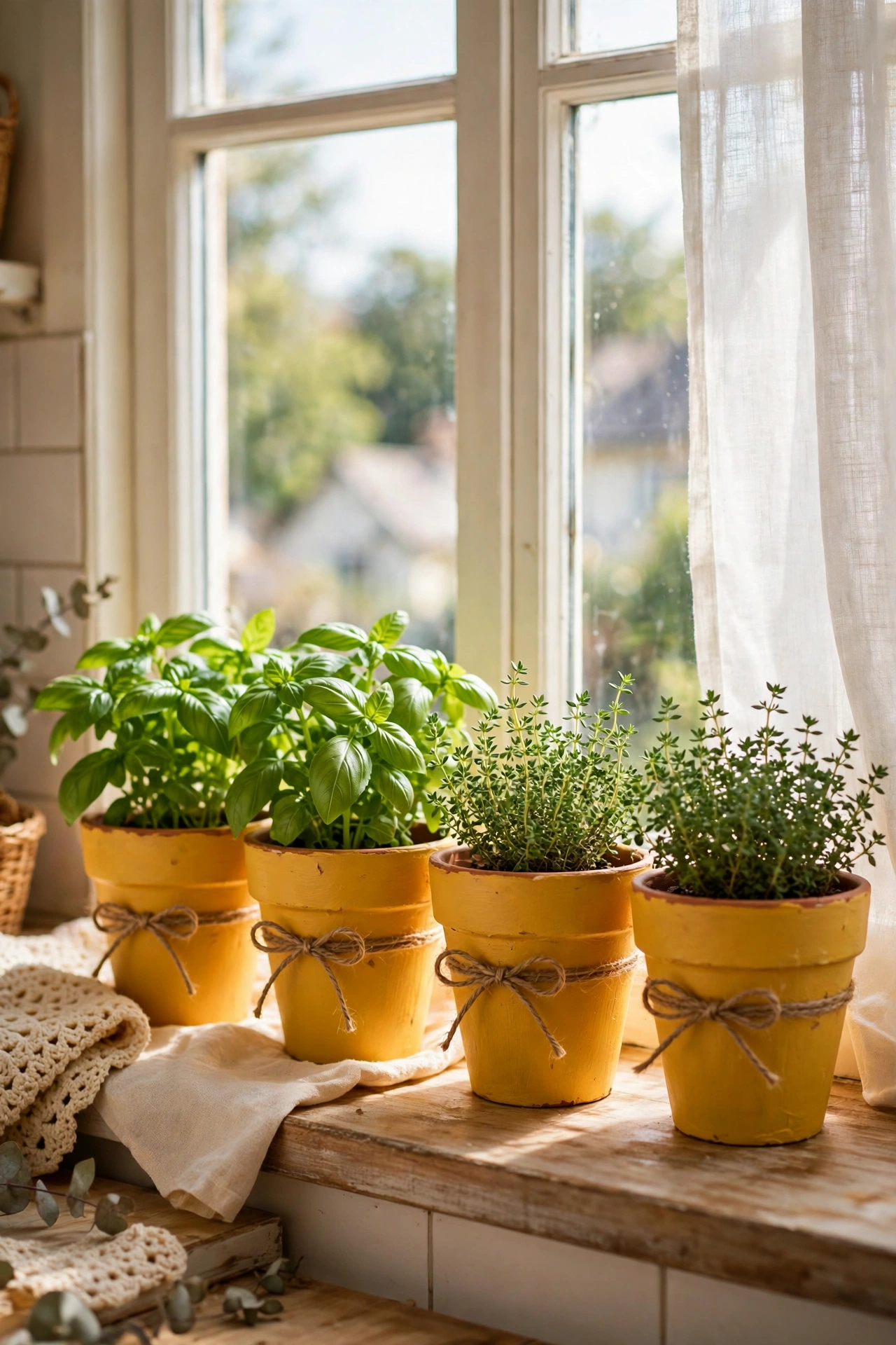 Herb pots painted mustard on kitchen windowsill