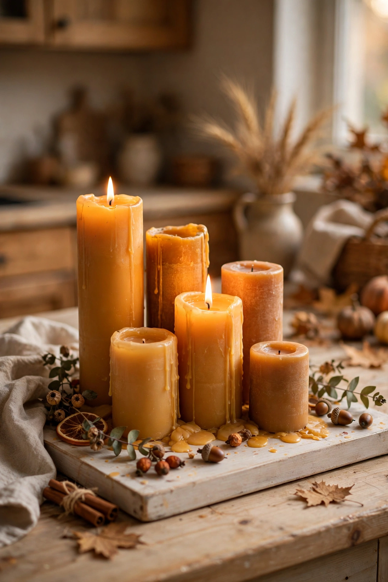 Cluster of honey candles on wooden tray in kitchen