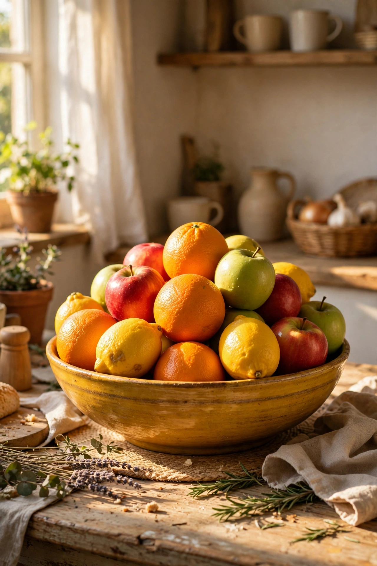 Mustard bowl heaped with citrus fruit as centrepiece