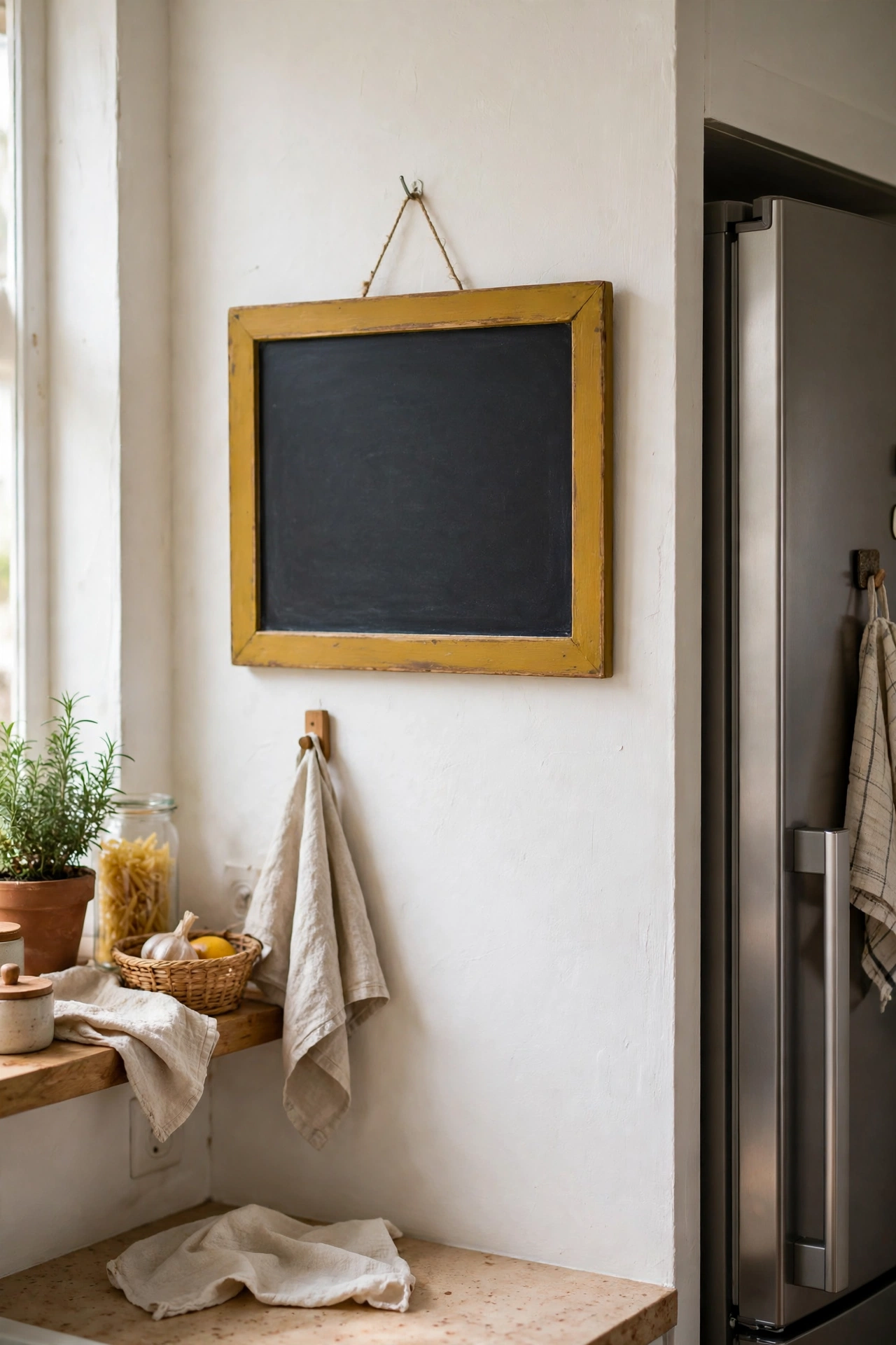 Chalkboard in mustard frame hanging in kitchen