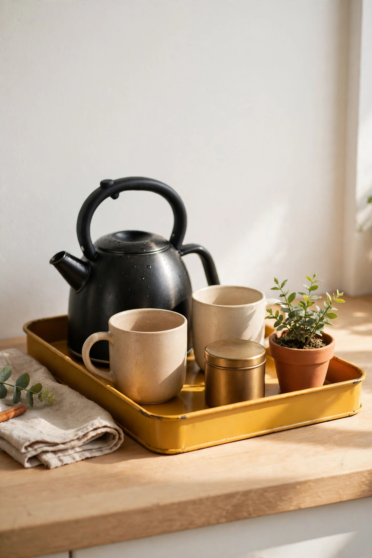 Mustard tray tea and coffee station in kitchen corner