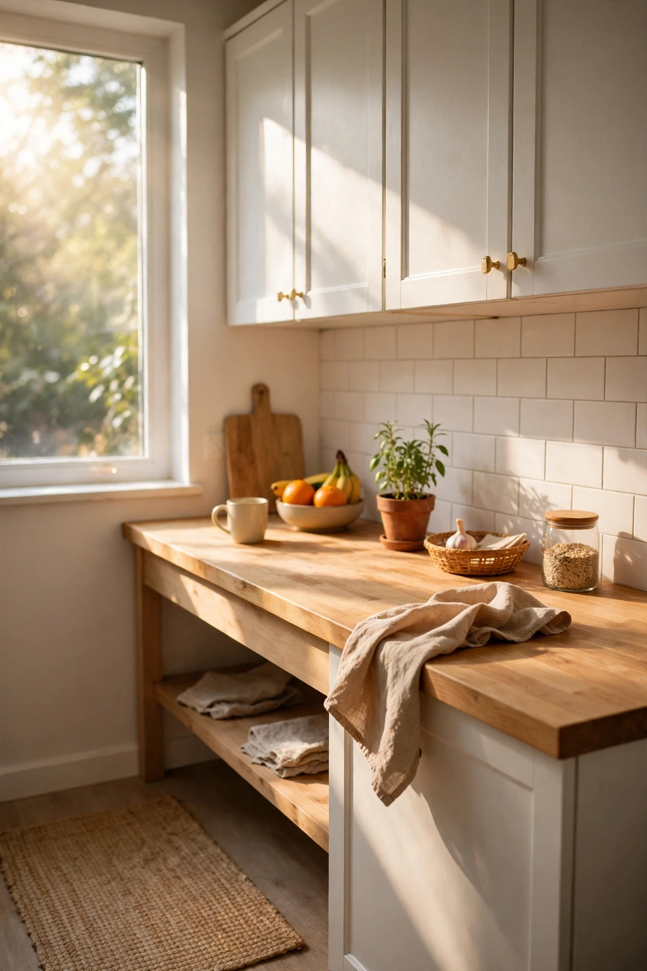 Bright small kitchen with white upper cabinets and light wood counters