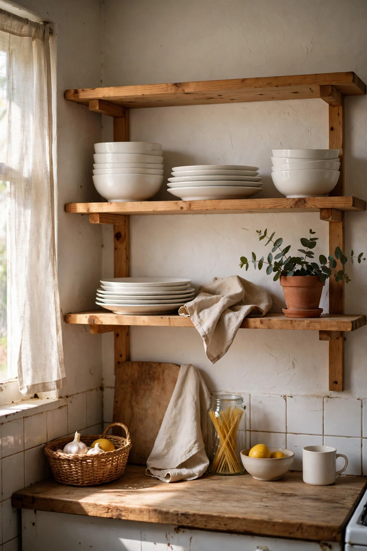 Open wooden shelves holding white bowls and plates in a small kitchen