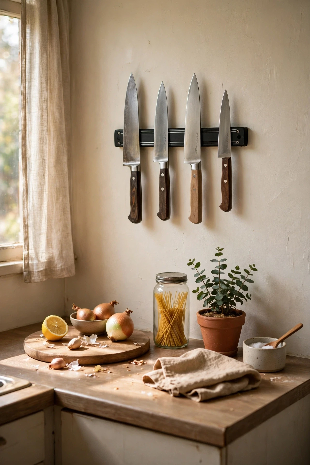 Magnetic knife strip holding knives on a small kitchen wall