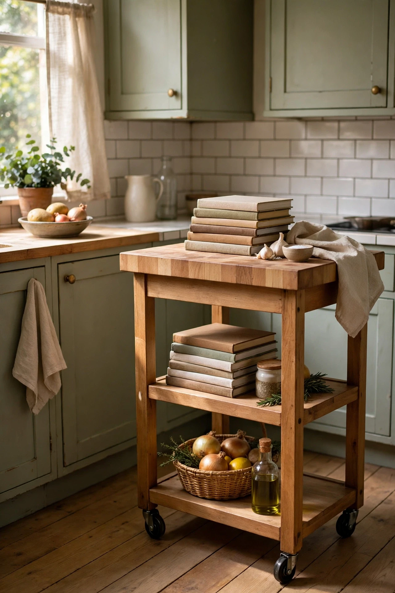 Rolling kitchen cart with butcher block top in a small kitchen