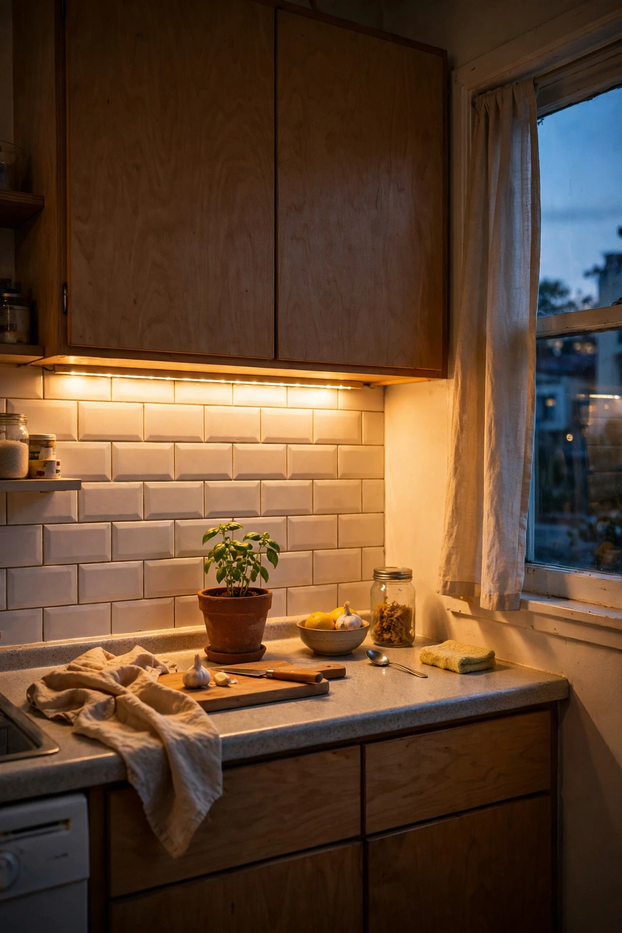 Warm under-cabinet LED lighting glowing over a small kitchen counter