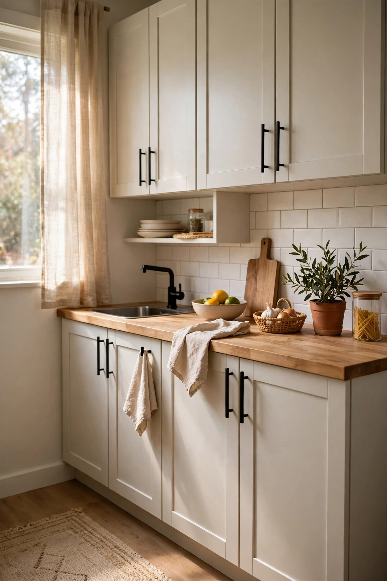 Slim matte black bar pulls on light kitchen cabinets
