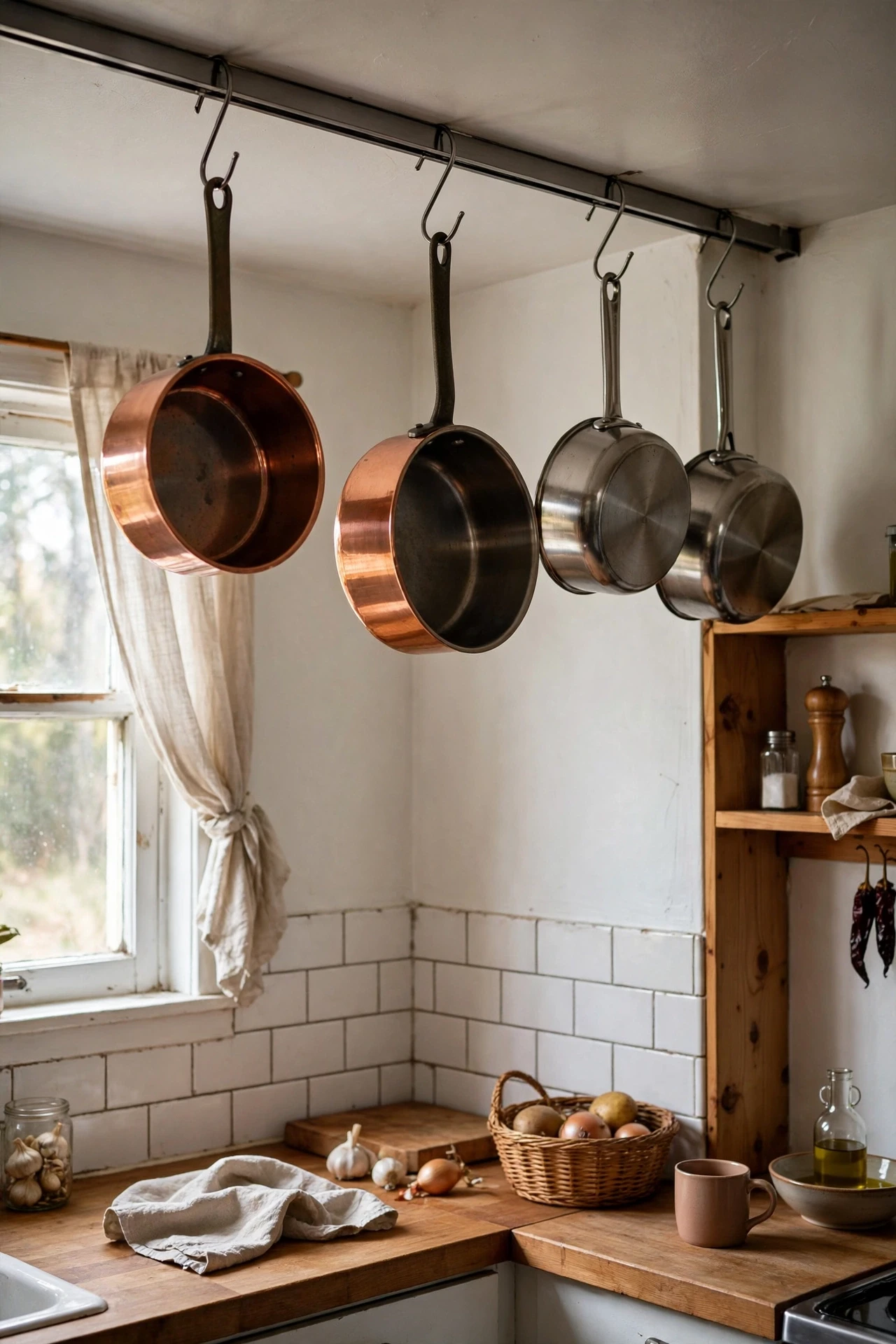 Pots and pans hanging from a ceiling rail in a small kitchen