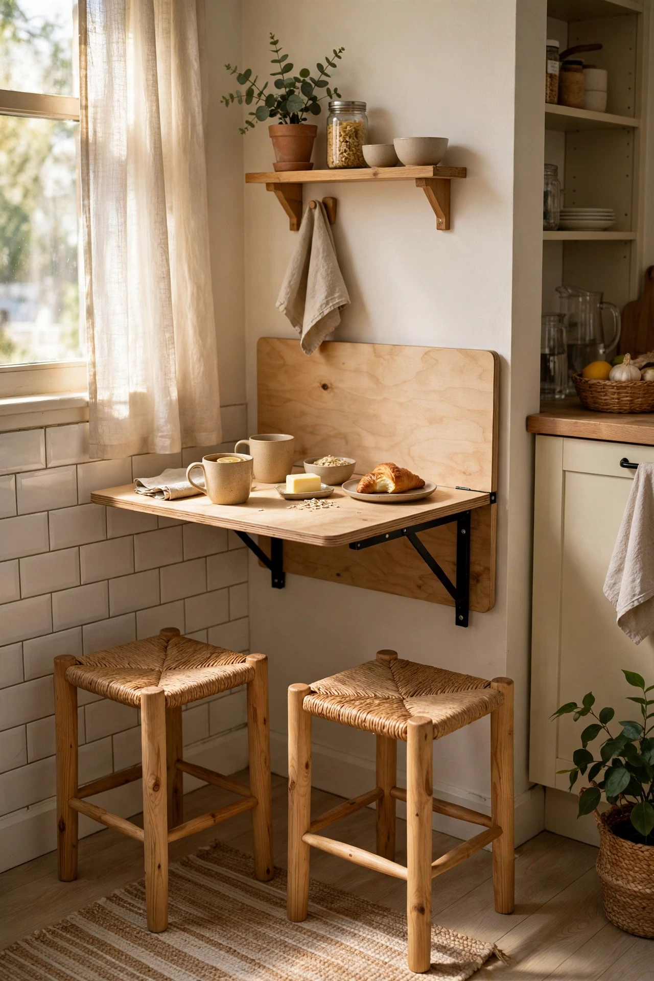 Fold-down wall table with two stools in a small kitchen nook