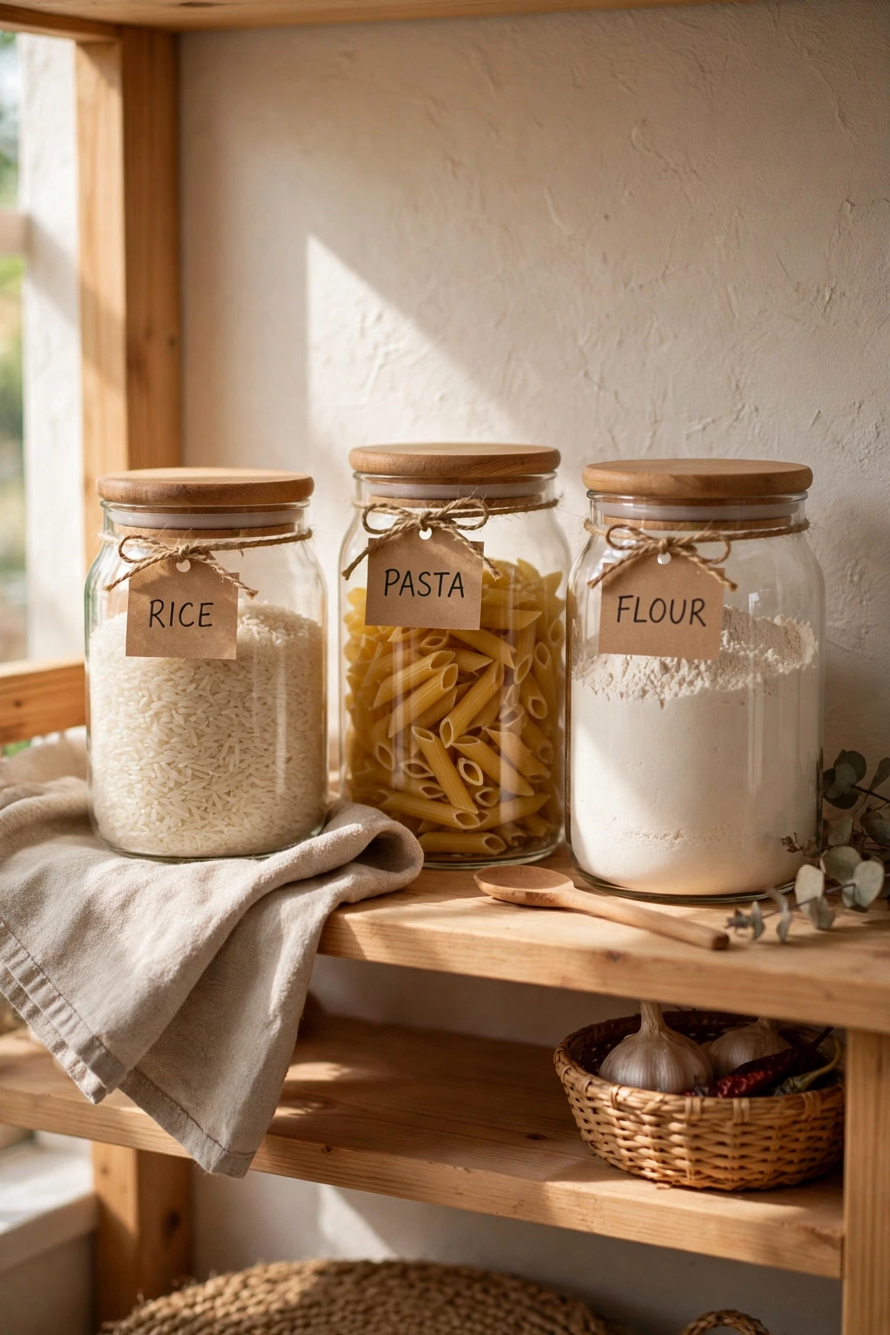 Neat pantry shelf with clear containers of rice pasta and flour