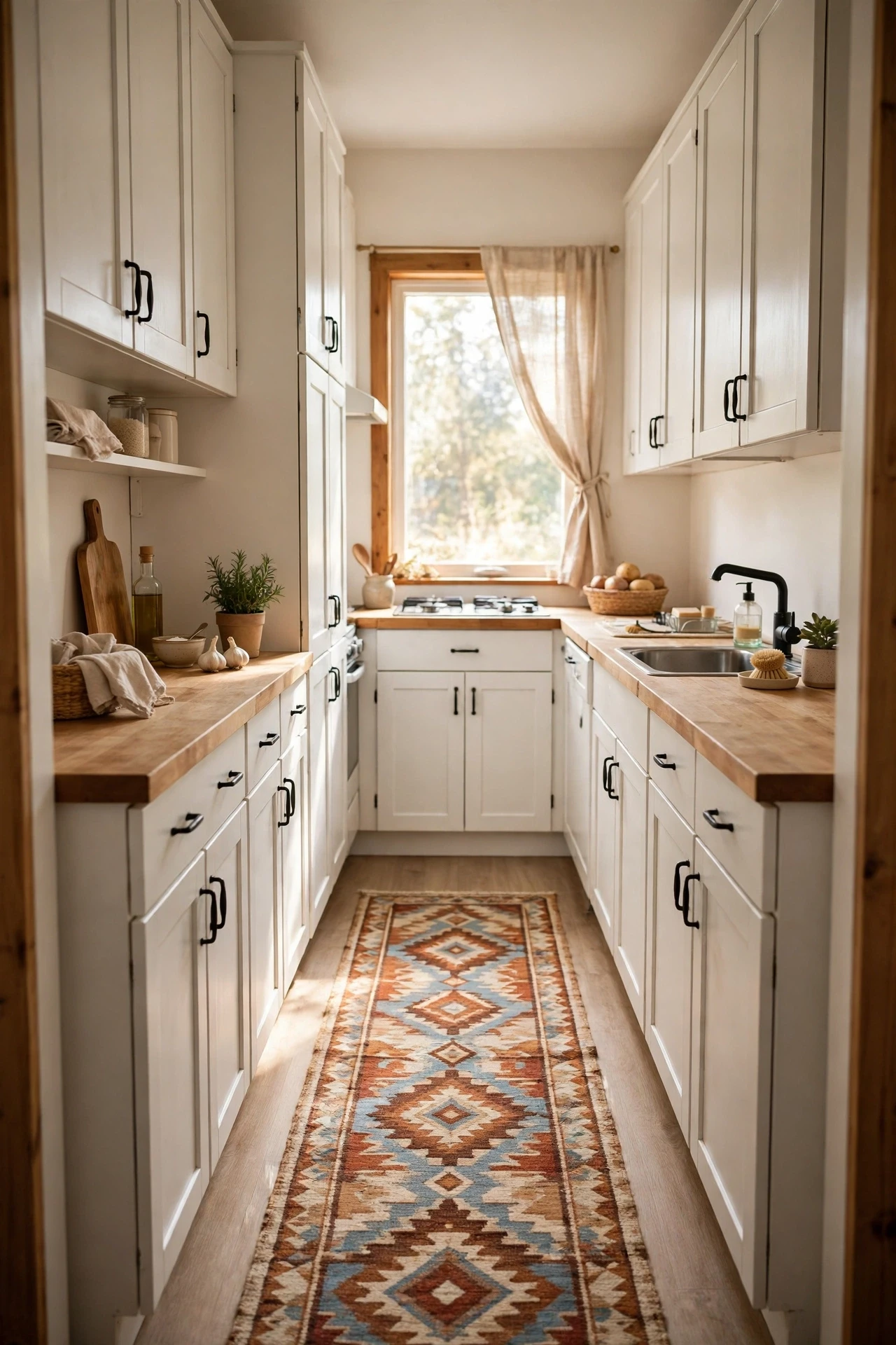 Long patterned runner rug down a narrow galley kitchen