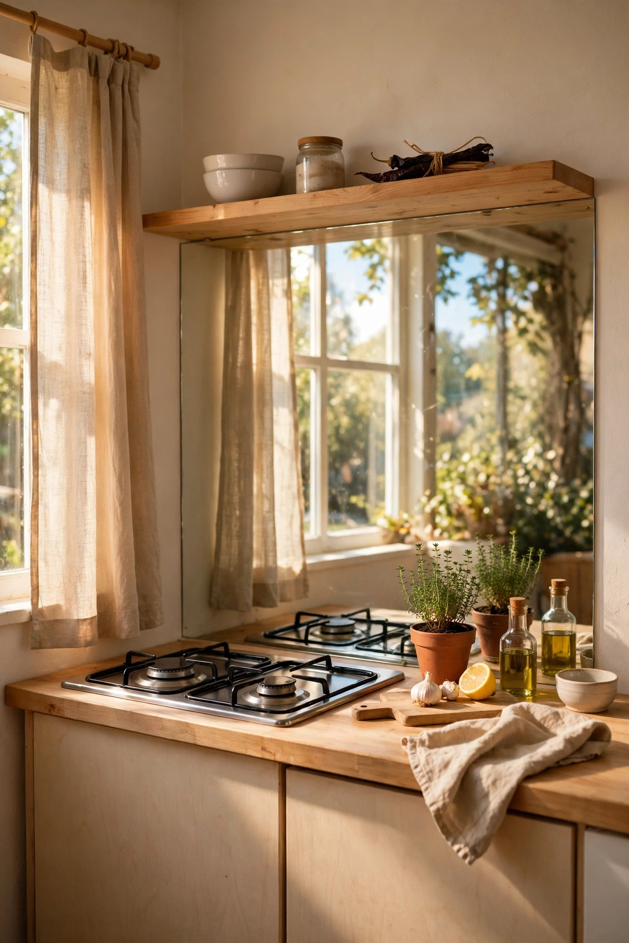 Glossy mirrored splashback reflecting light in a small kitchen