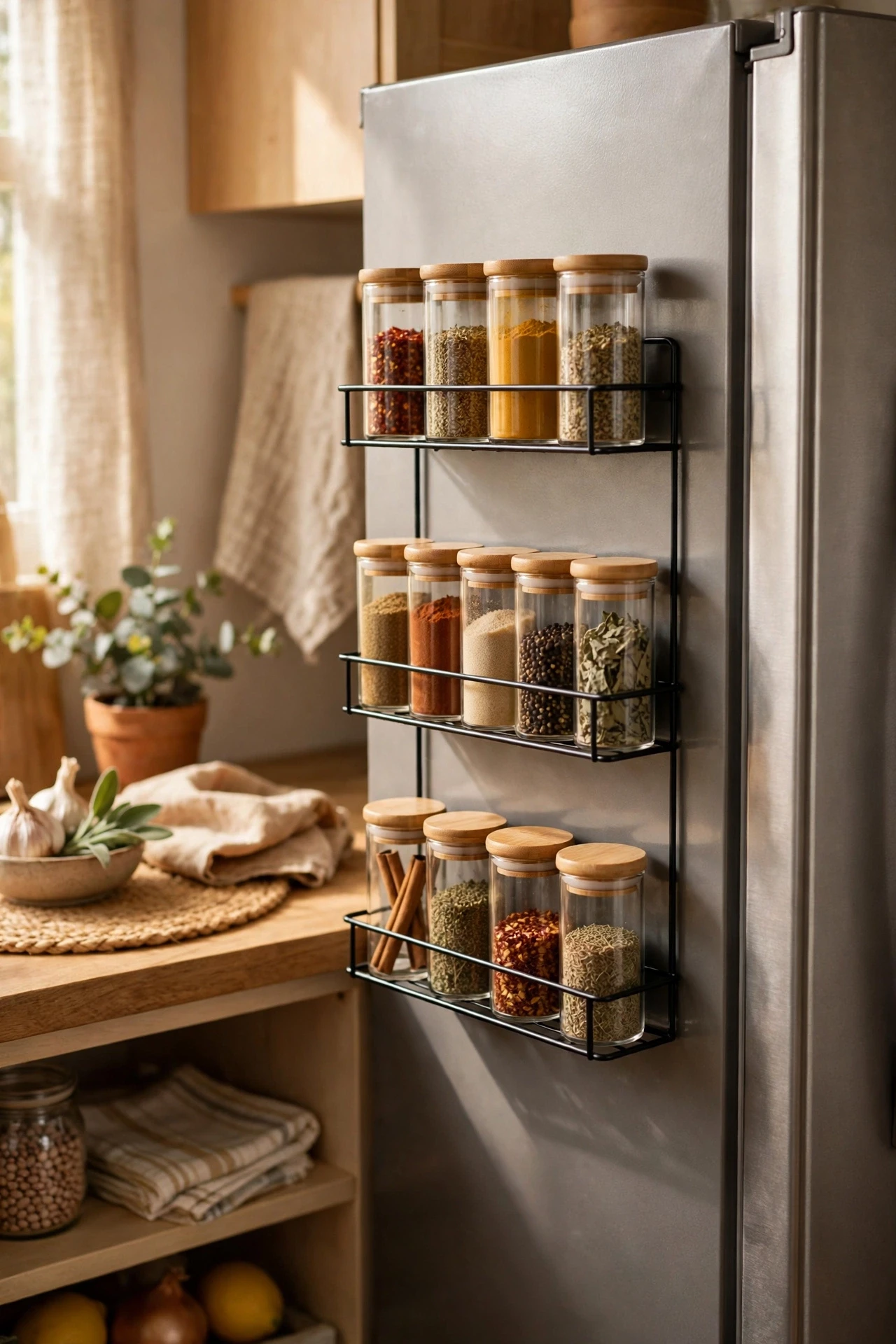 Magnetic spice shelves on the side of a fridge in a small kitchen