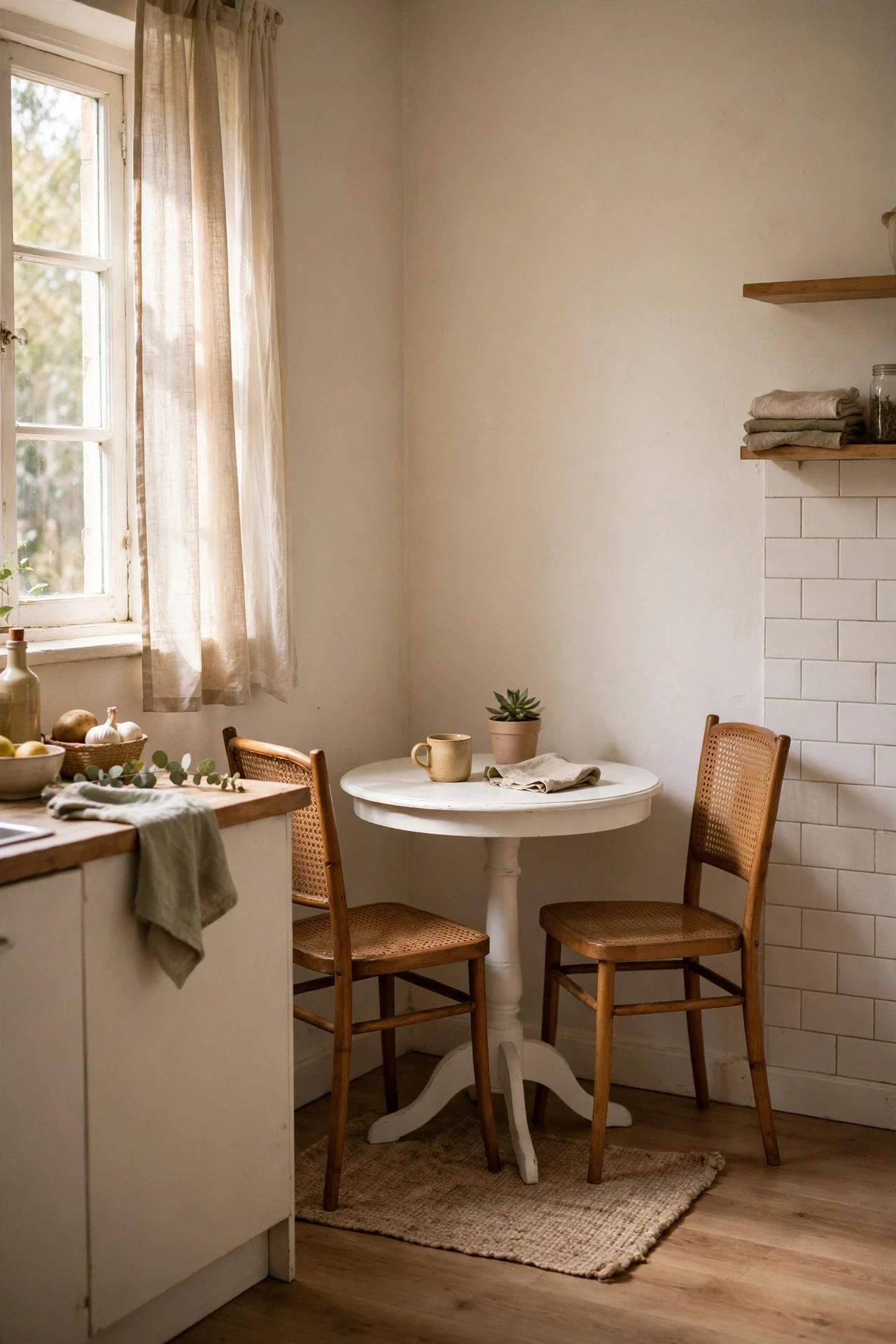 Small round pedestal table with two chairs in a kitchen corner