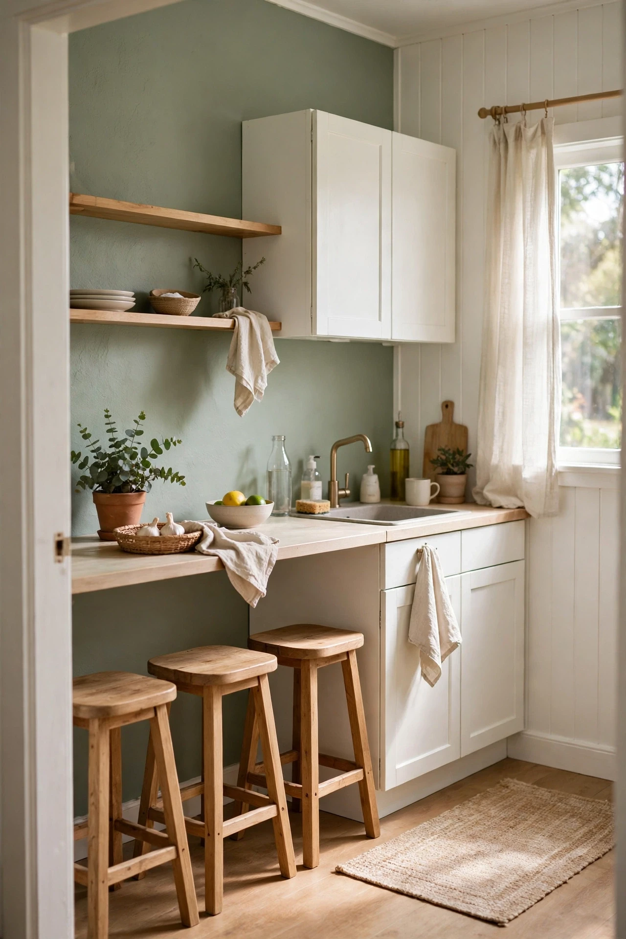 Soft sage green accent wall in a small white kitchen
