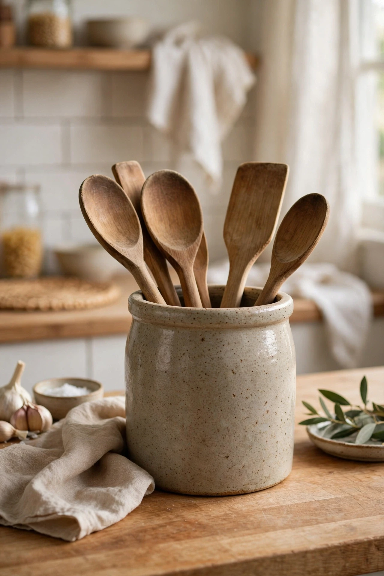 Stoneware crock holding wooden spoons and spatulas on a kitchen counter