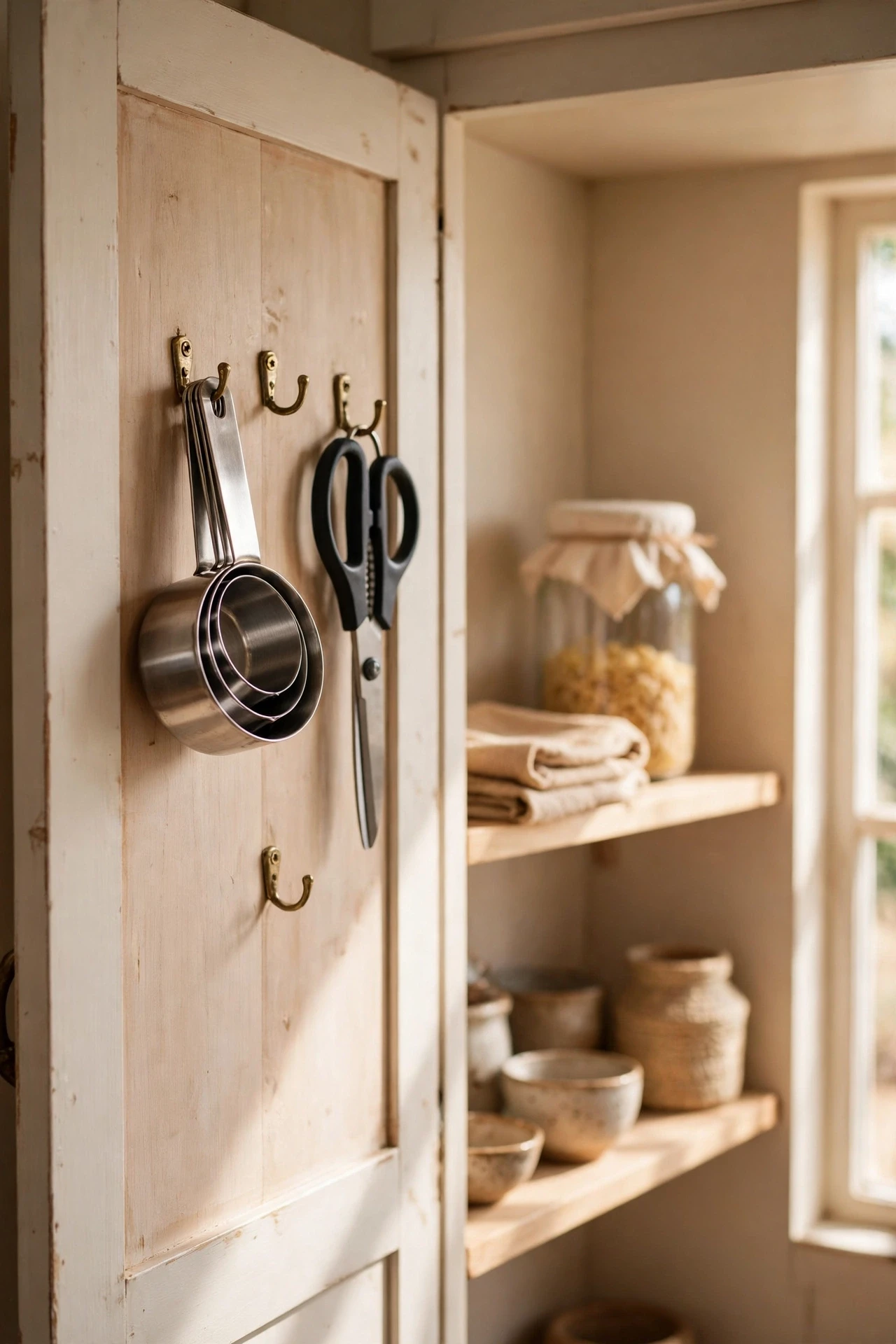 Small hooks inside a cabinet door holding measuring cups