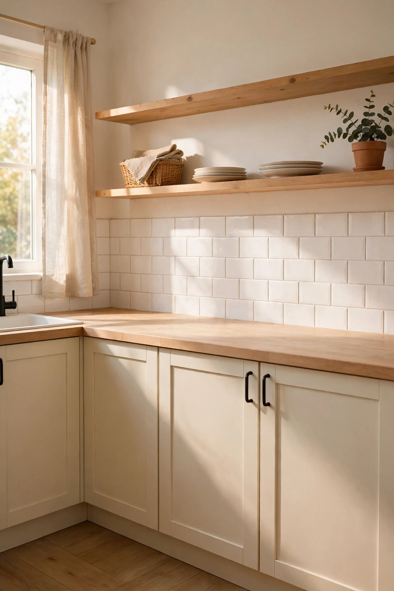 Completely clear empty kitchen counter in bright daylight