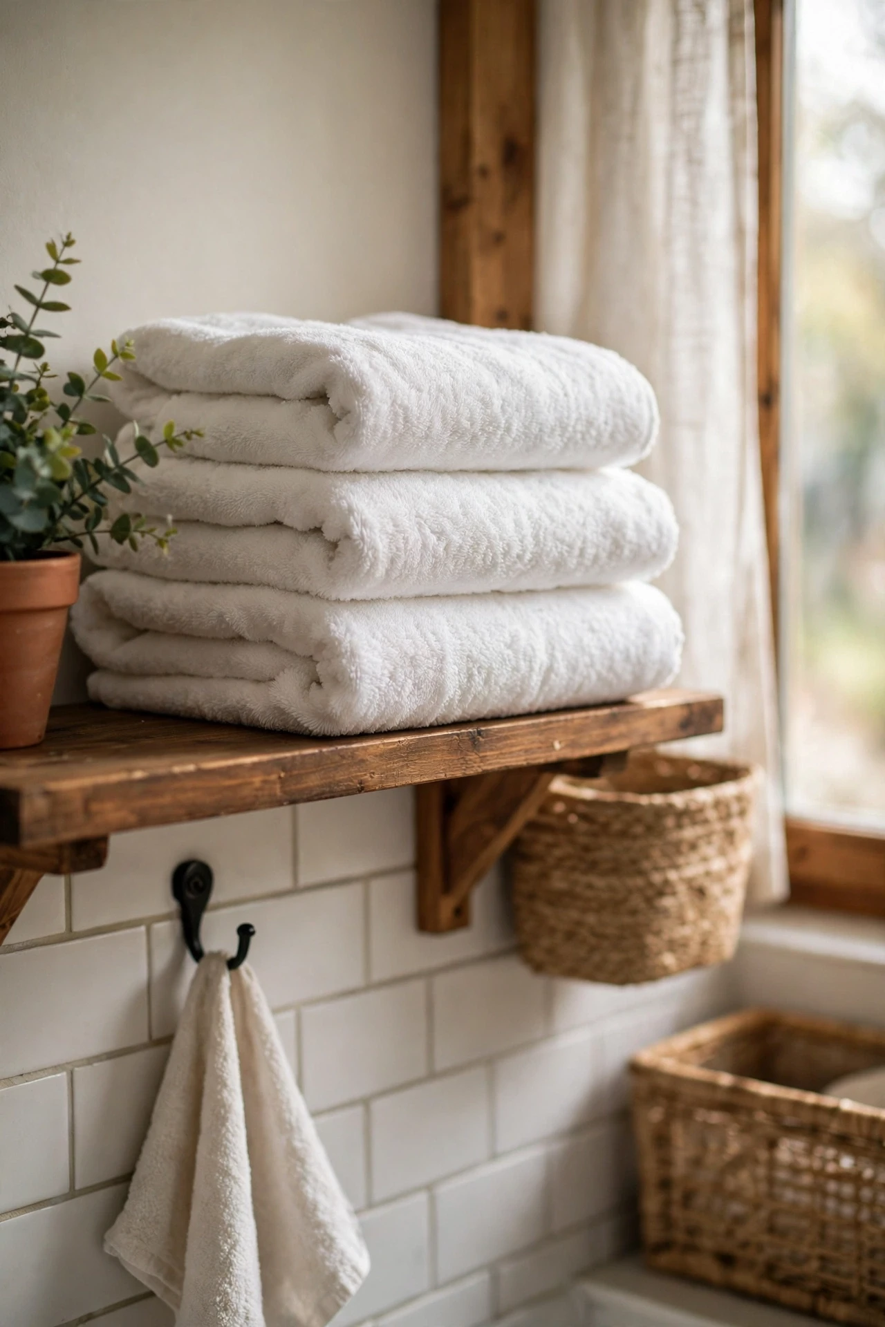 Fluffy white bath towels folded on a bathroom shelf