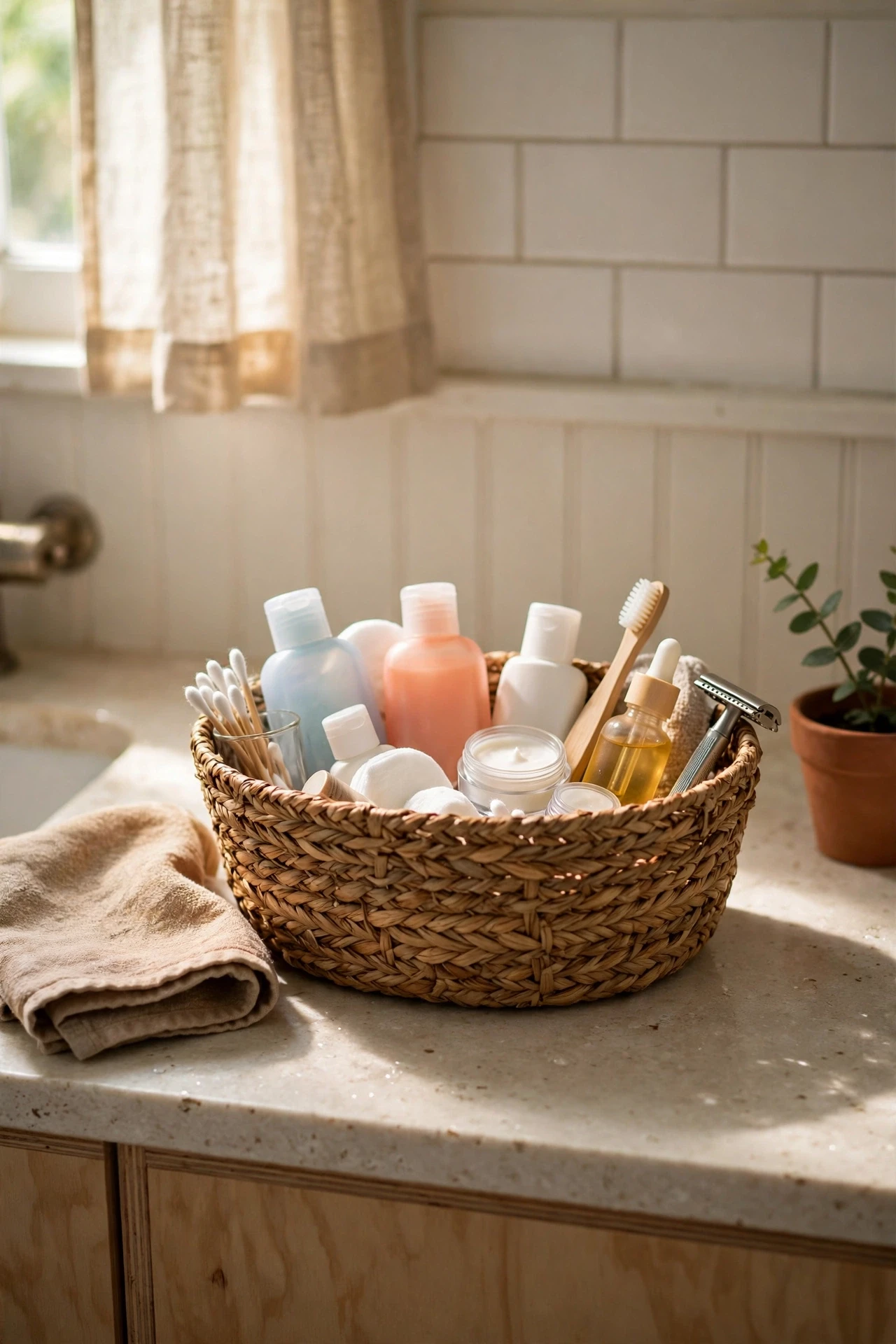 Woven basket of travel-size toiletries on a bathroom counter