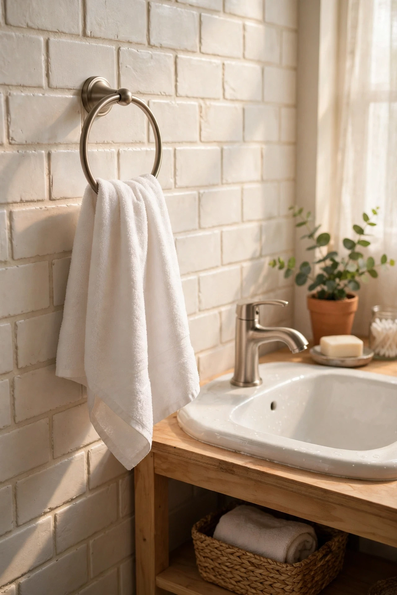 Fresh white hand towel hanging on a metal ring by a bathroom sink