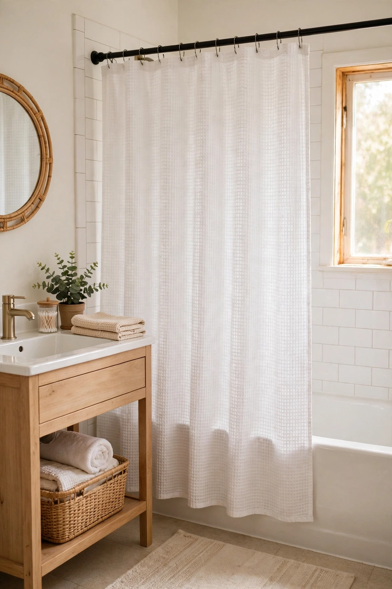 Crisp white waffle weave shower curtain in a clean guest bathroom
