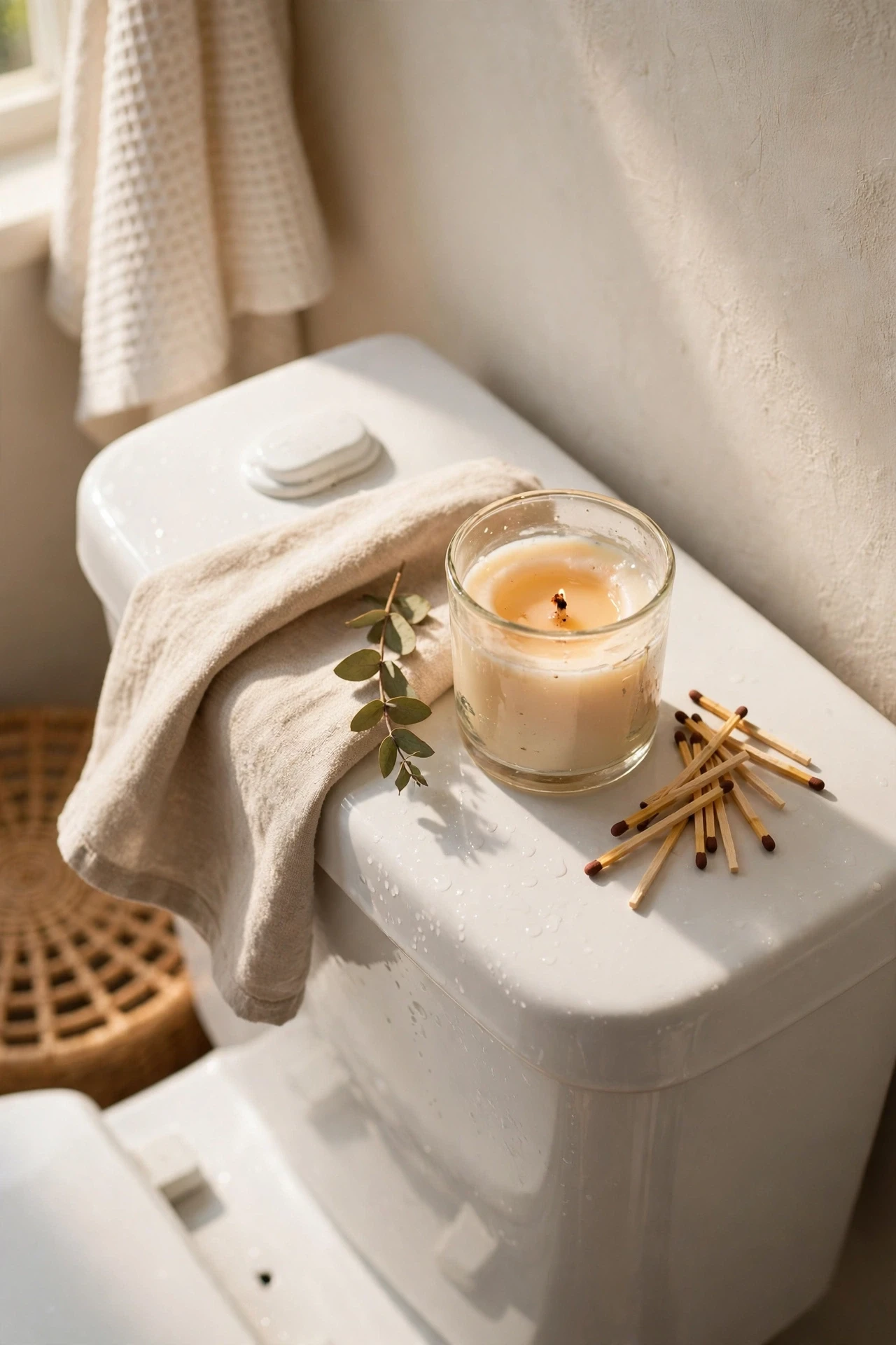 Scented candle and matches on a bathroom toilet tank