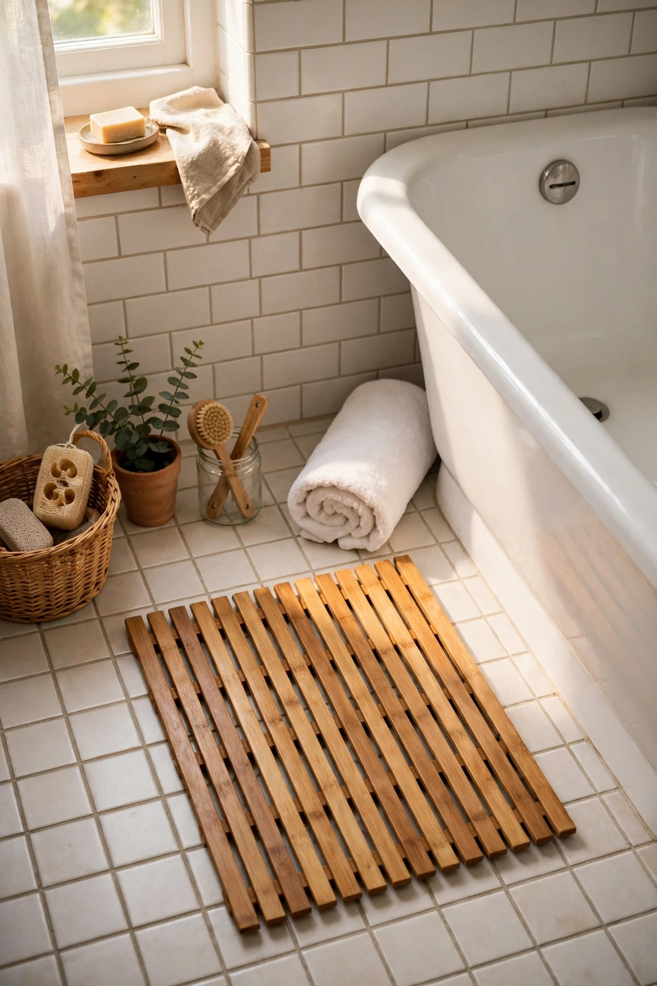 Slatted wooden bath mat on a bathroom floor
