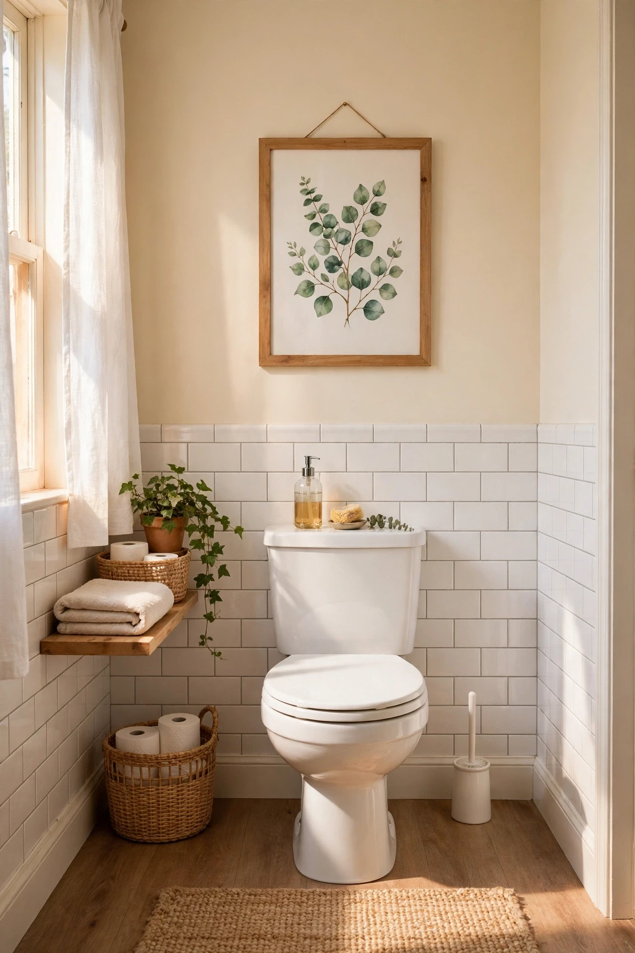 Framed botanical print hanging above a toilet in a guest bathroom