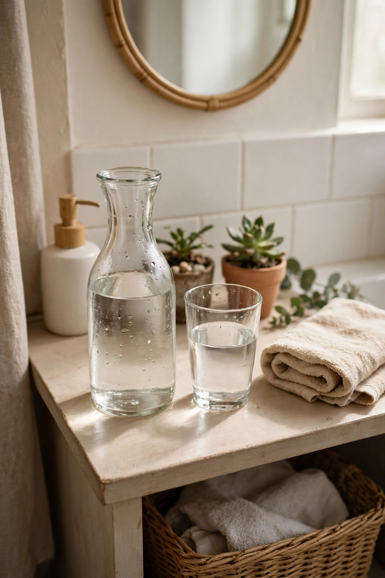Glass carafe of water and a drinking glass on a bathroom counter