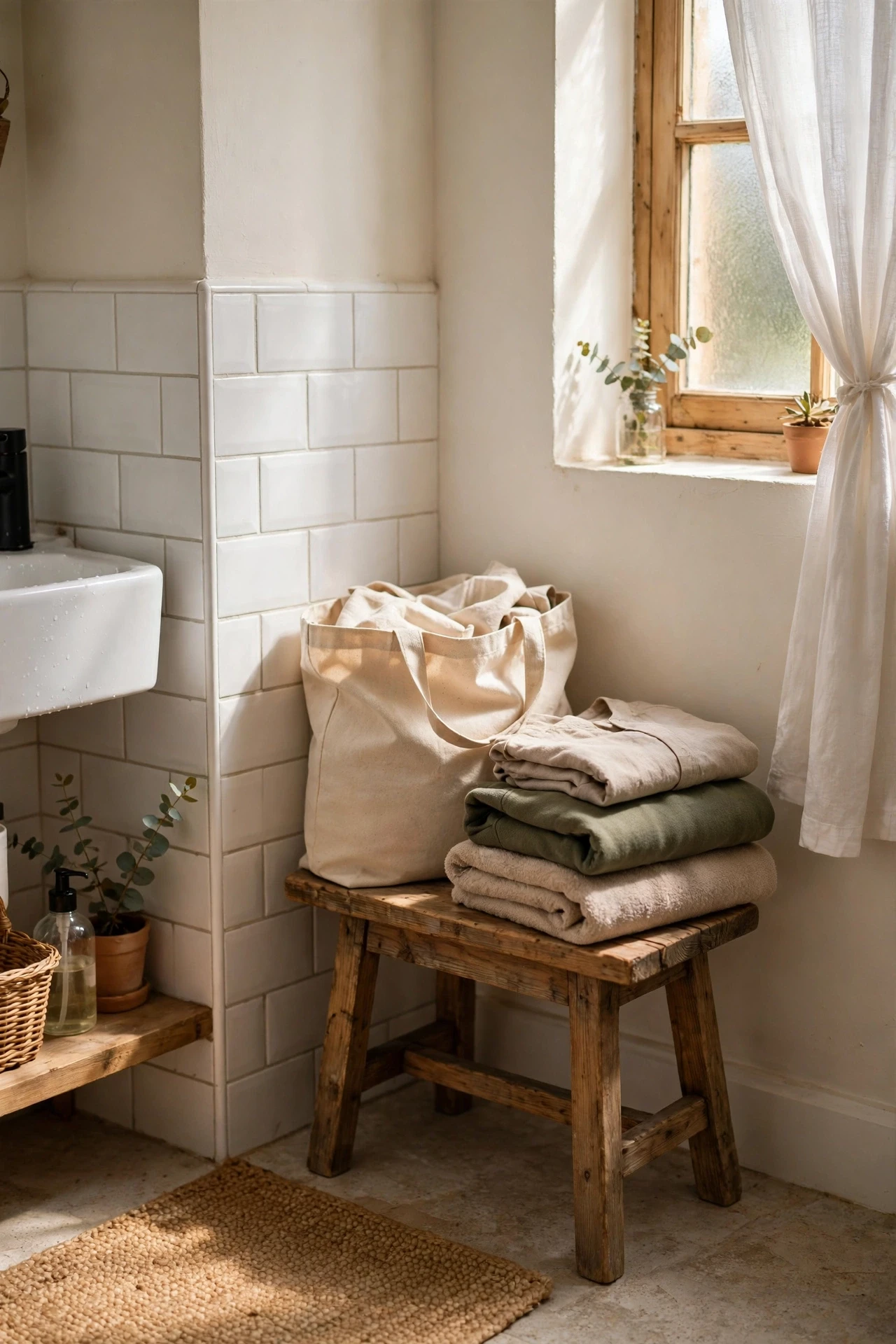 Small wooden stool holding a bag and folded clothes in a bathroom