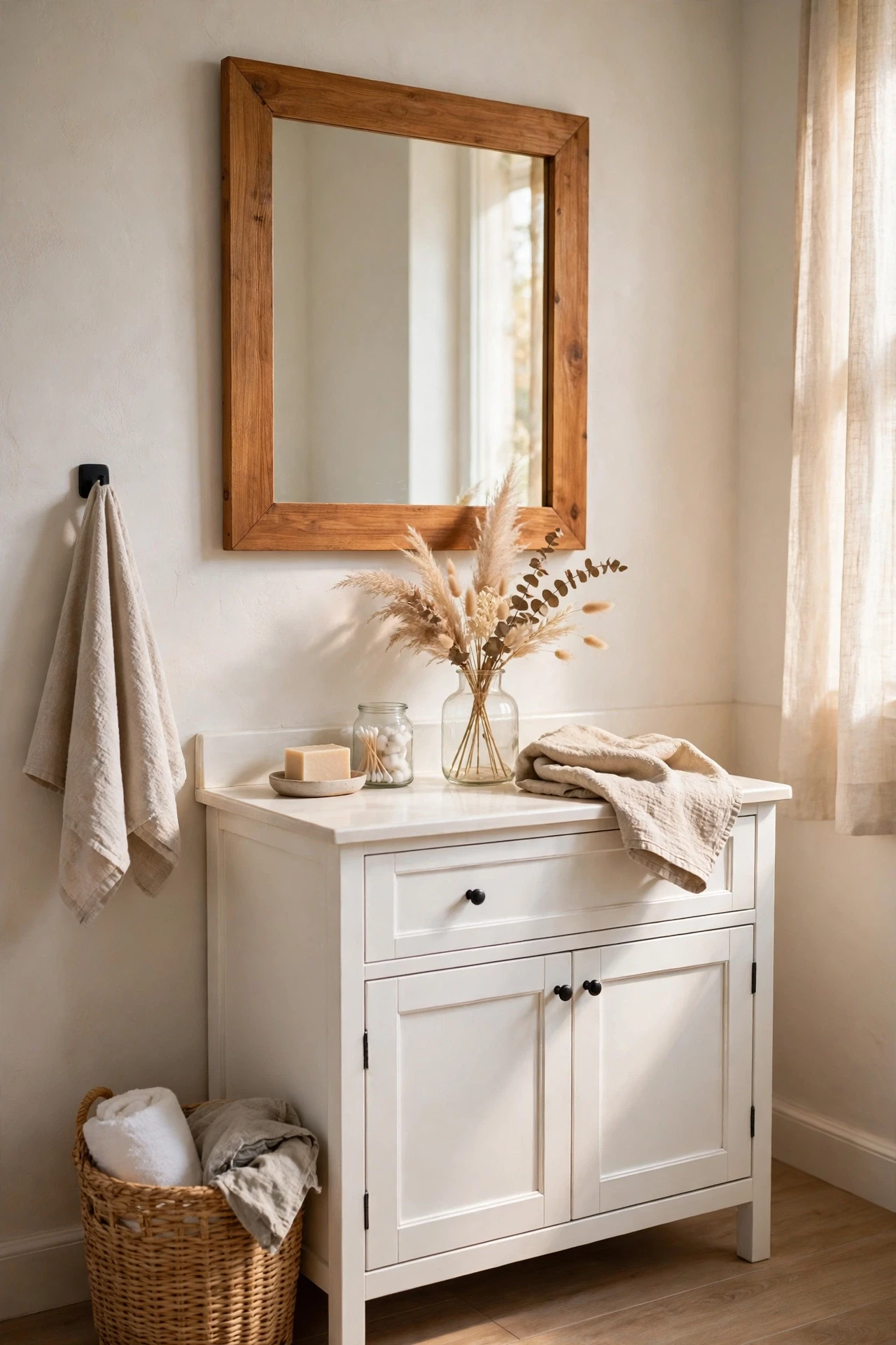 Bathroom mirror framed in warm wood above a white vanity