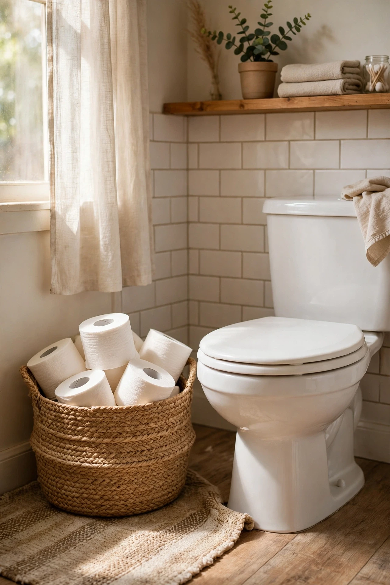 Woven basket of spare toilet paper rolls beside a toilet