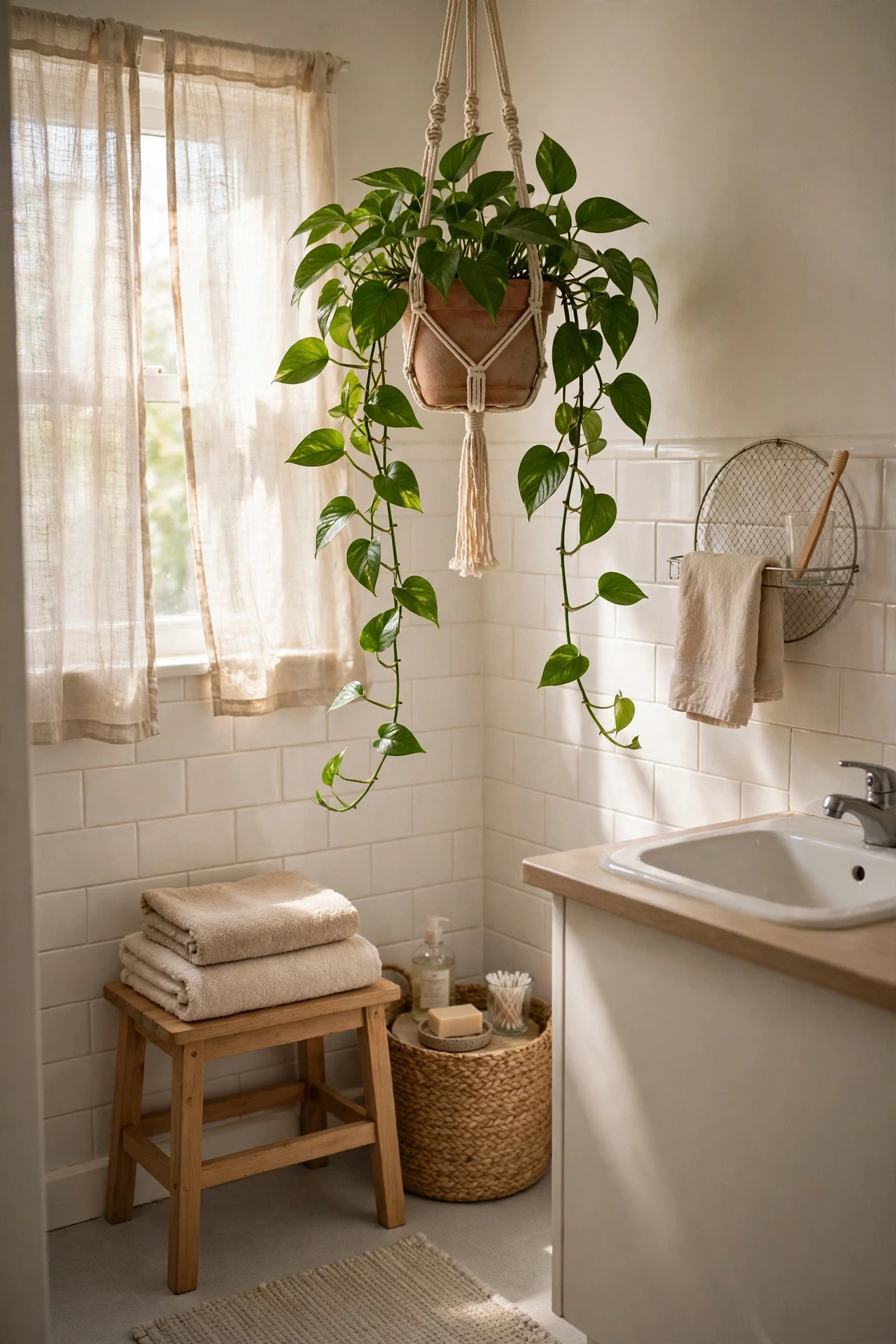 Trailing pothos plant in a bathroom hanging by a window