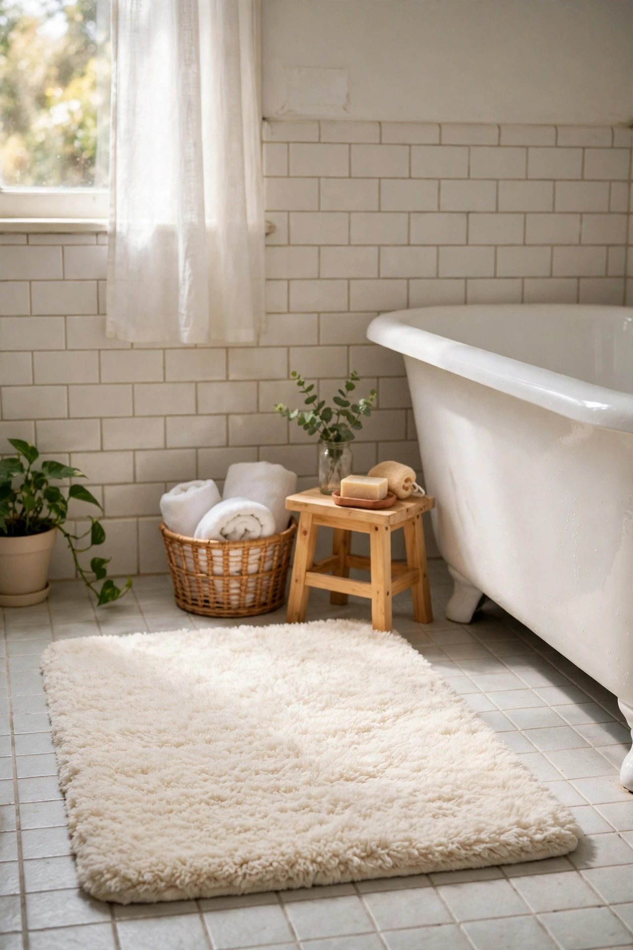 Plush cream bath mat on a tiled bathroom floor