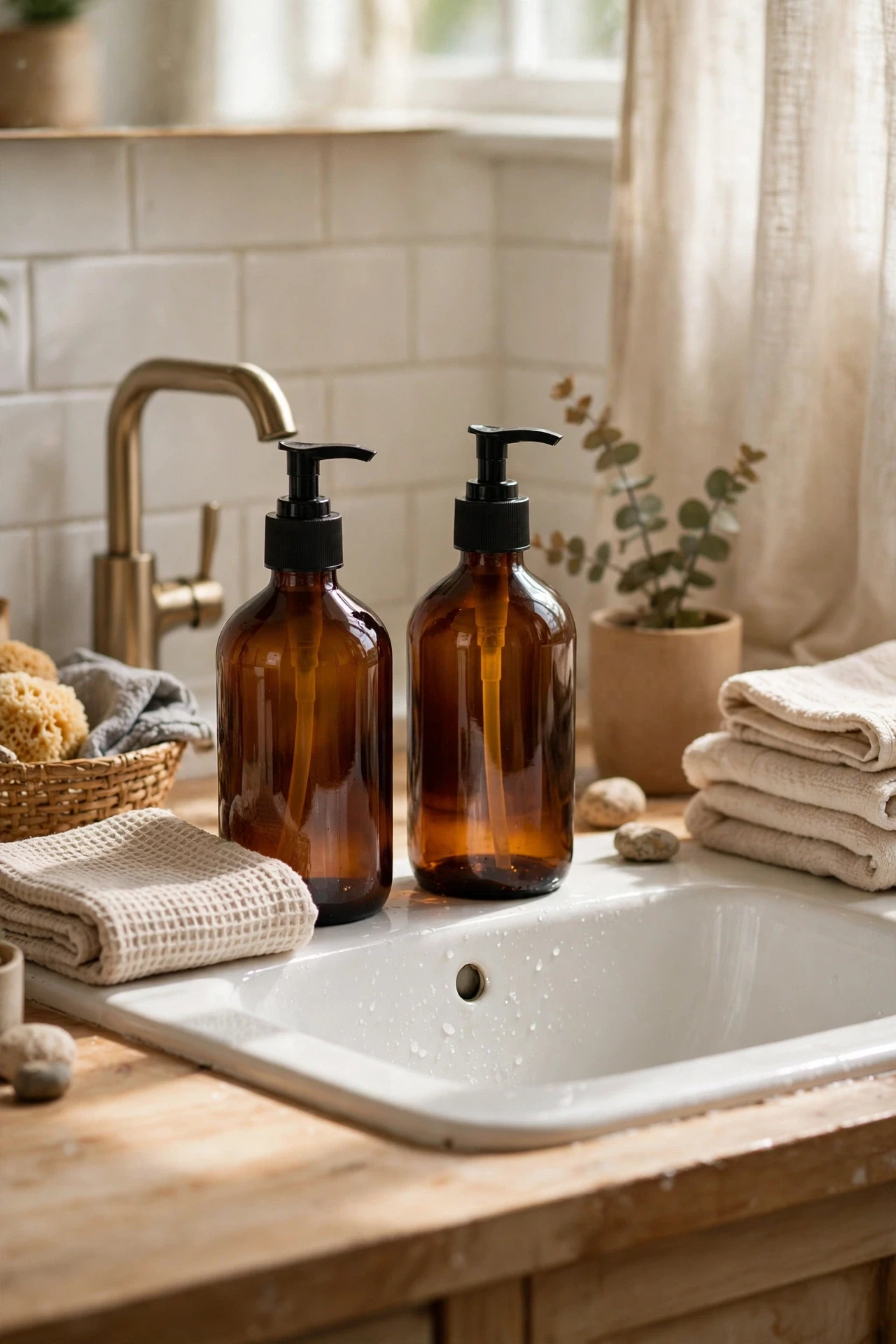 Matching amber pump bottles of soap and lotion on a bathroom sink