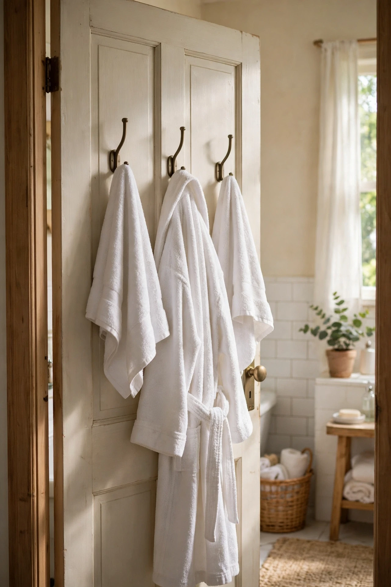 Robe hooks behind a bathroom door holding towels and a robe