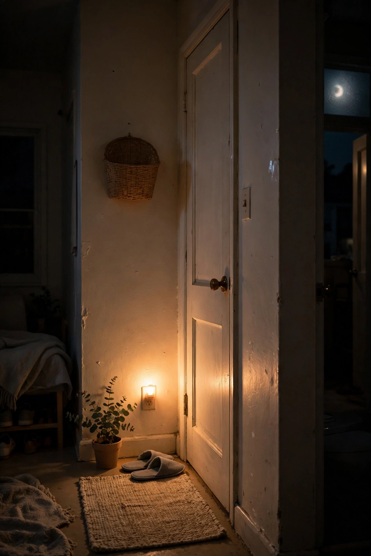 Soft glowing night-light plugged in beside a bathroom door