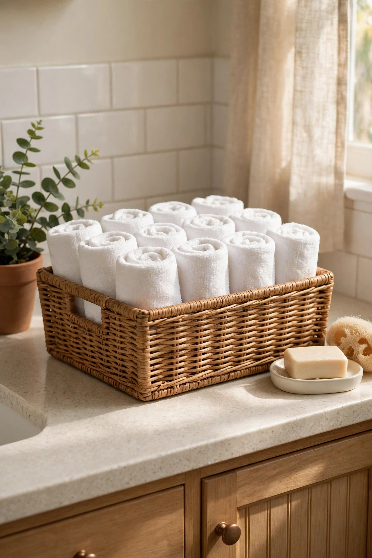 Basket of neatly rolled white washcloths on a bathroom counter