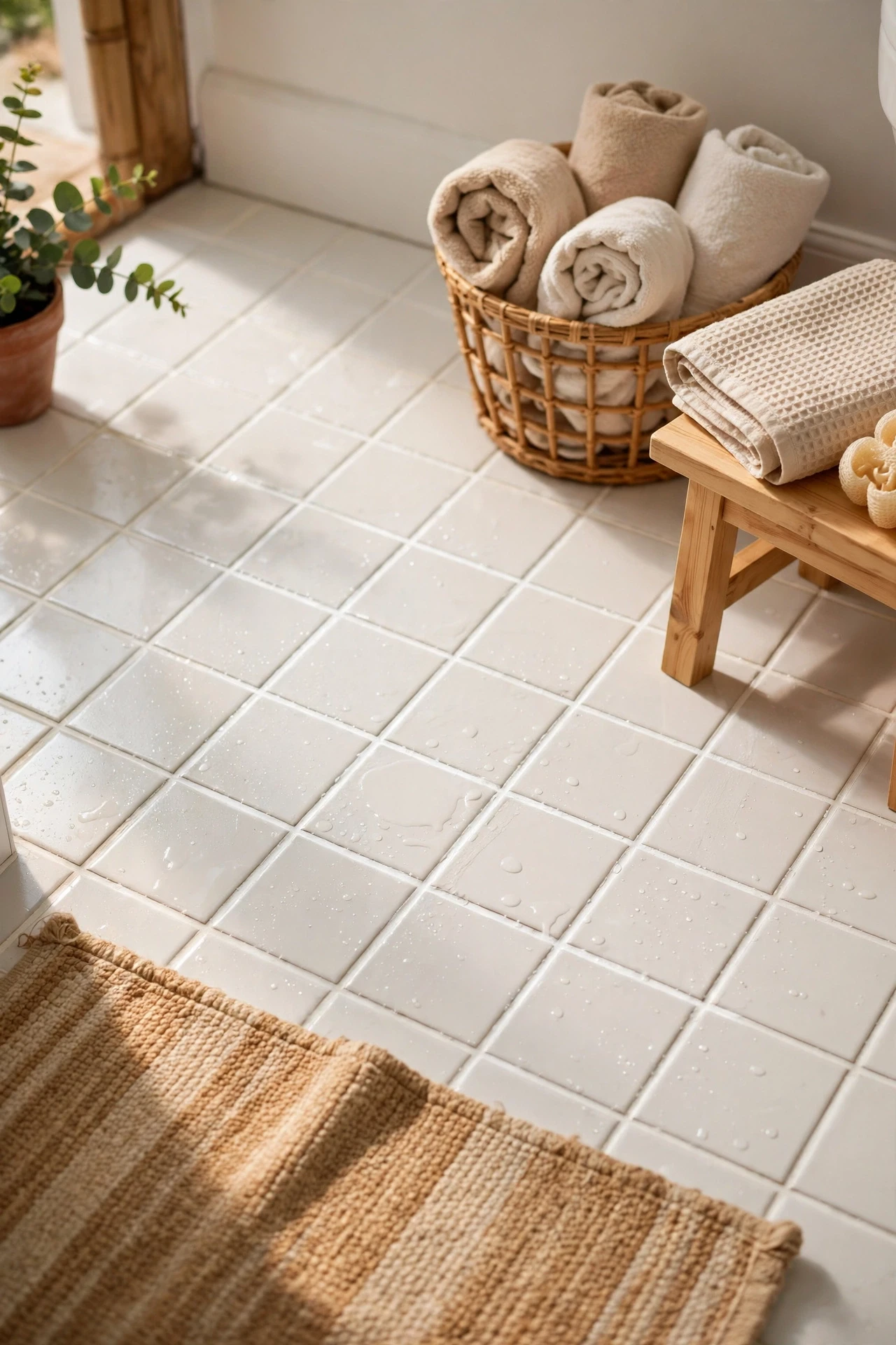 Clean white grout lines on freshly scrubbed bathroom floor tiles