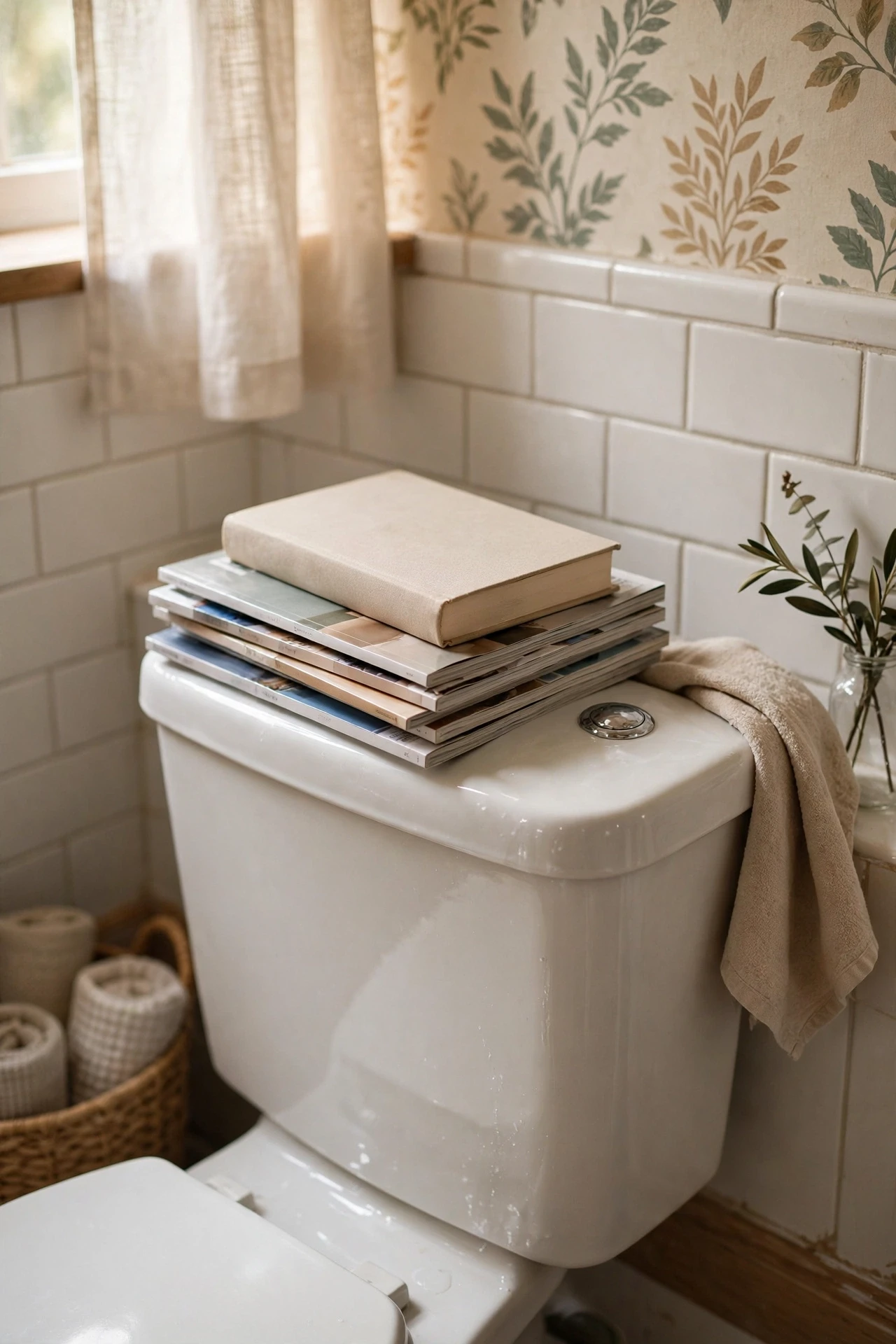 Small stack of magazines and a book on a bathroom toilet tank