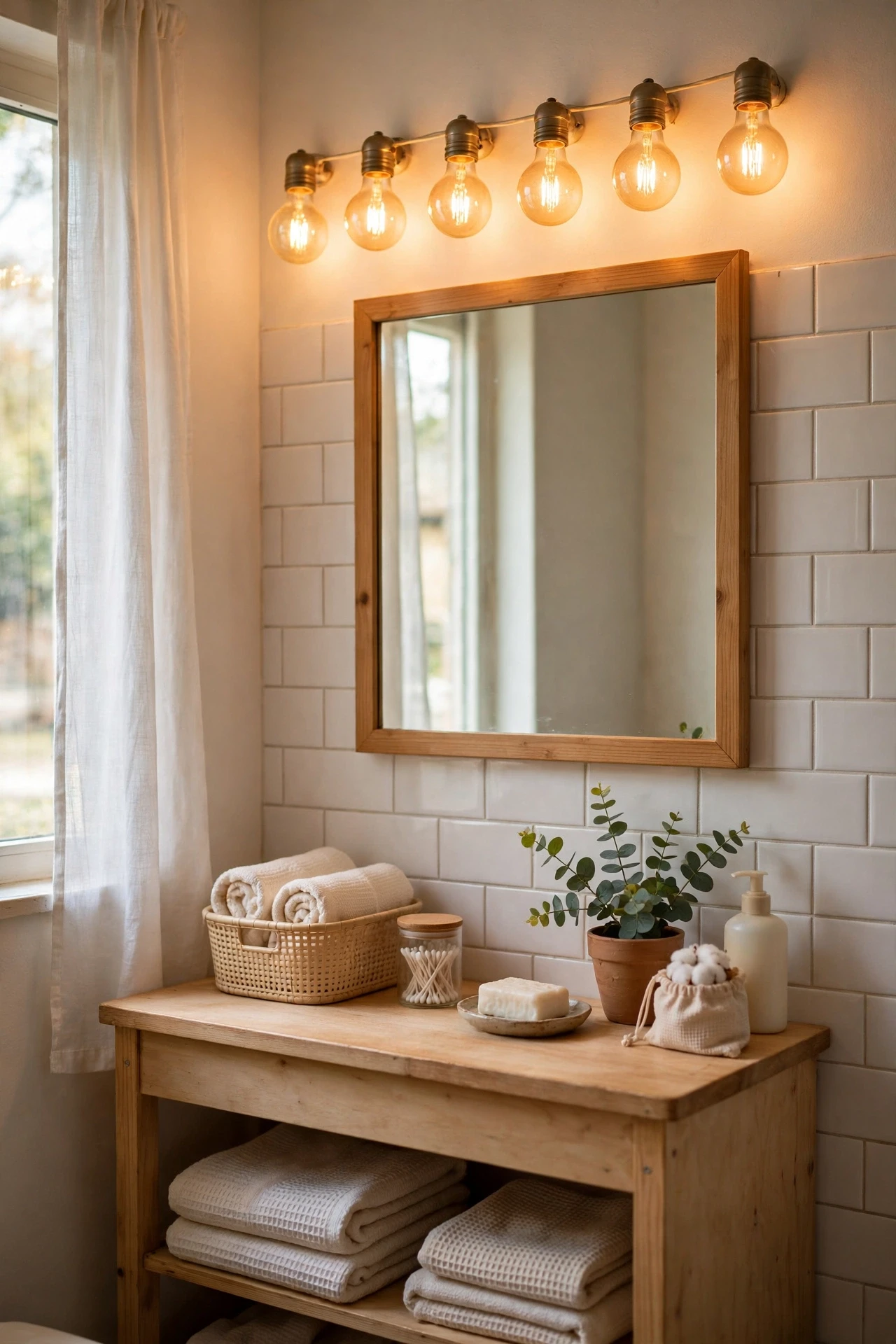 Warm glowing bathroom vanity lights above a mirror
