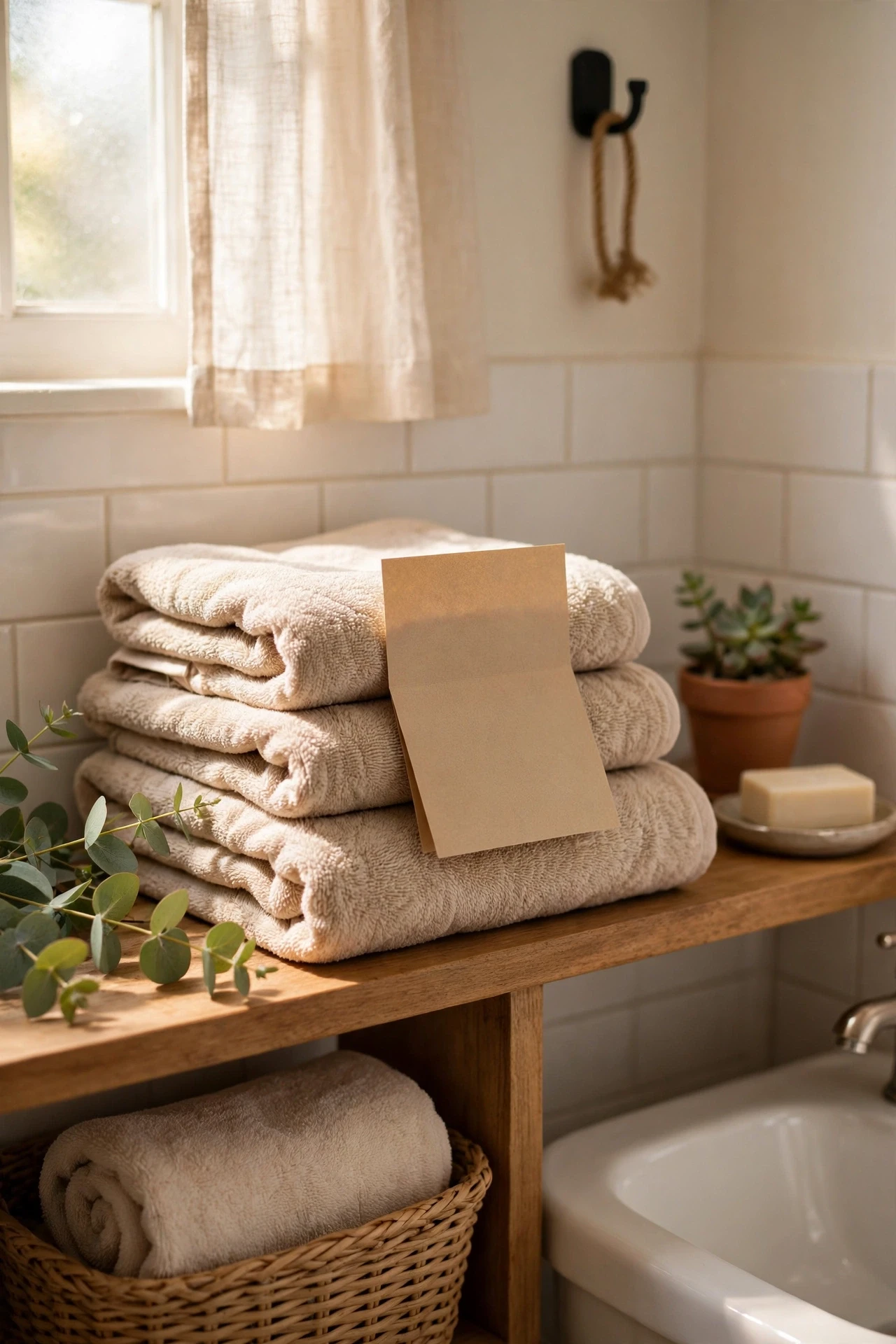 Handwritten welcome note propped on folded towels in a guest bathroom