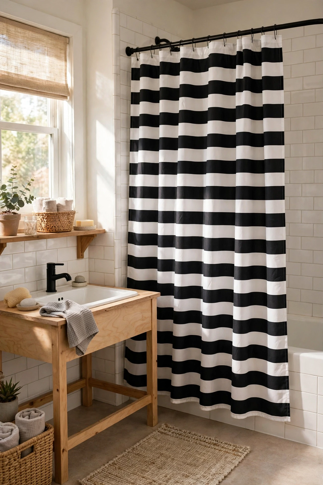 Bold black and white striped shower curtain in a bathroom