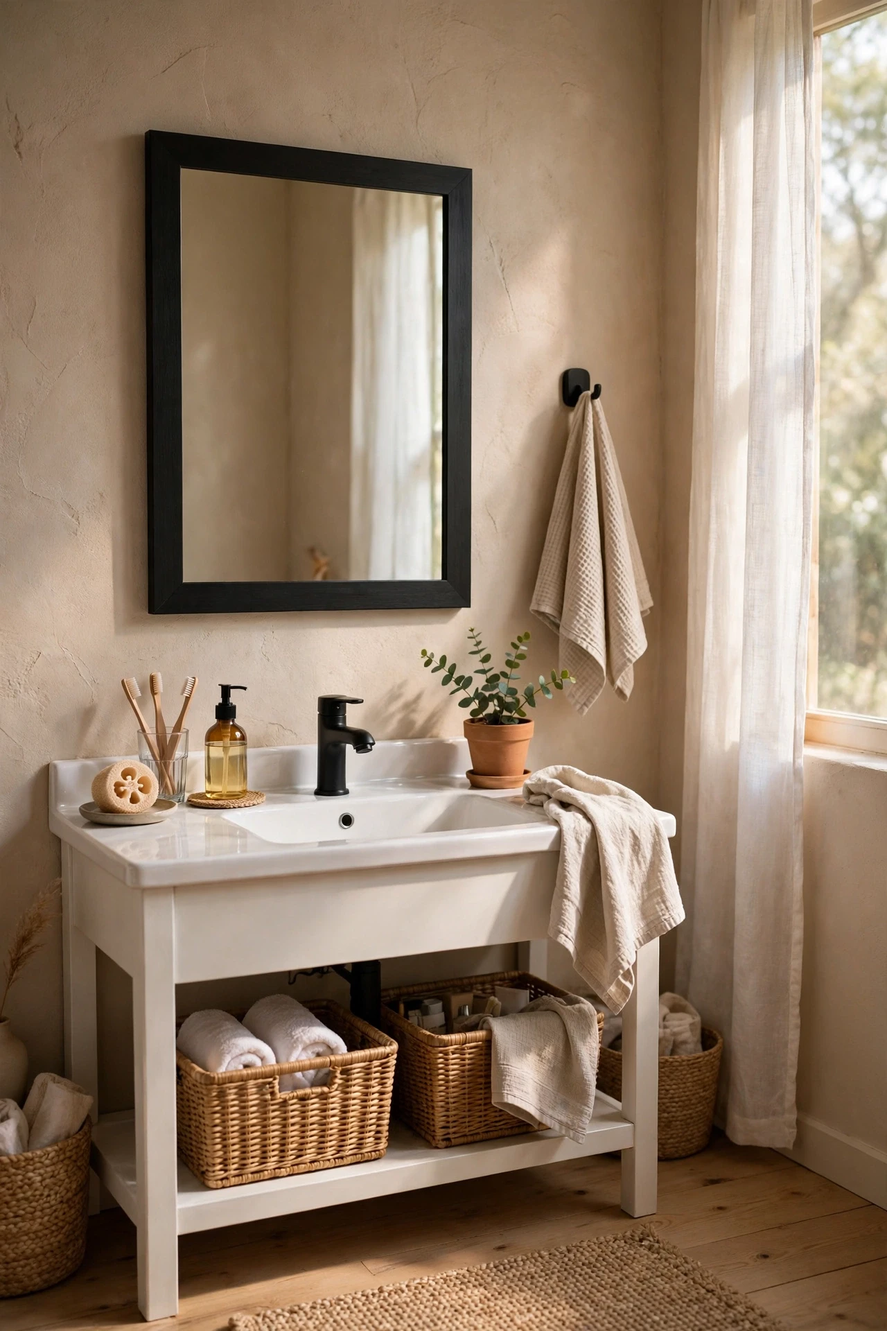 Bathroom mirror framed in matte black above a white sink