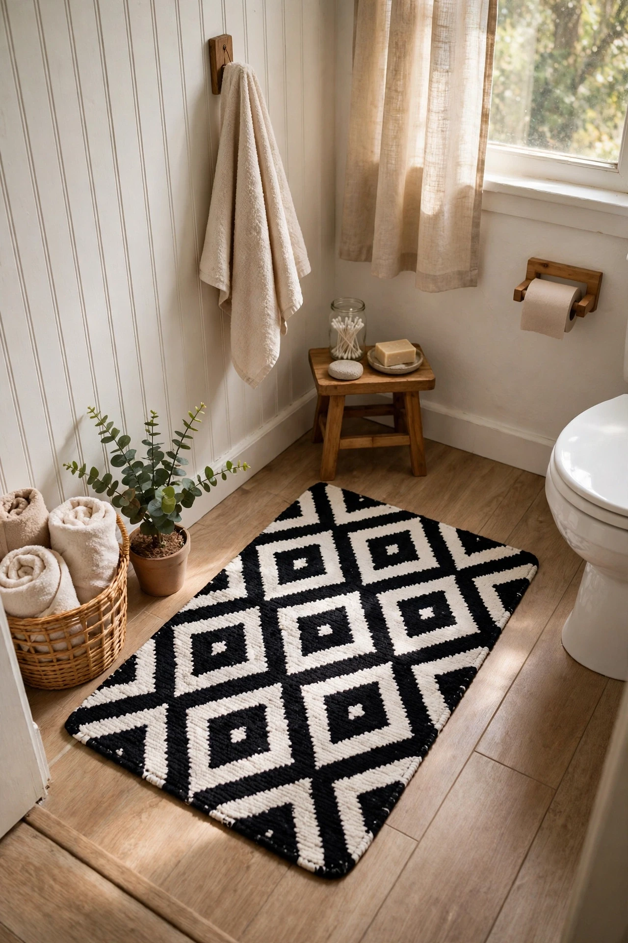 Bold black and white geometric bath mat on a bathroom floor