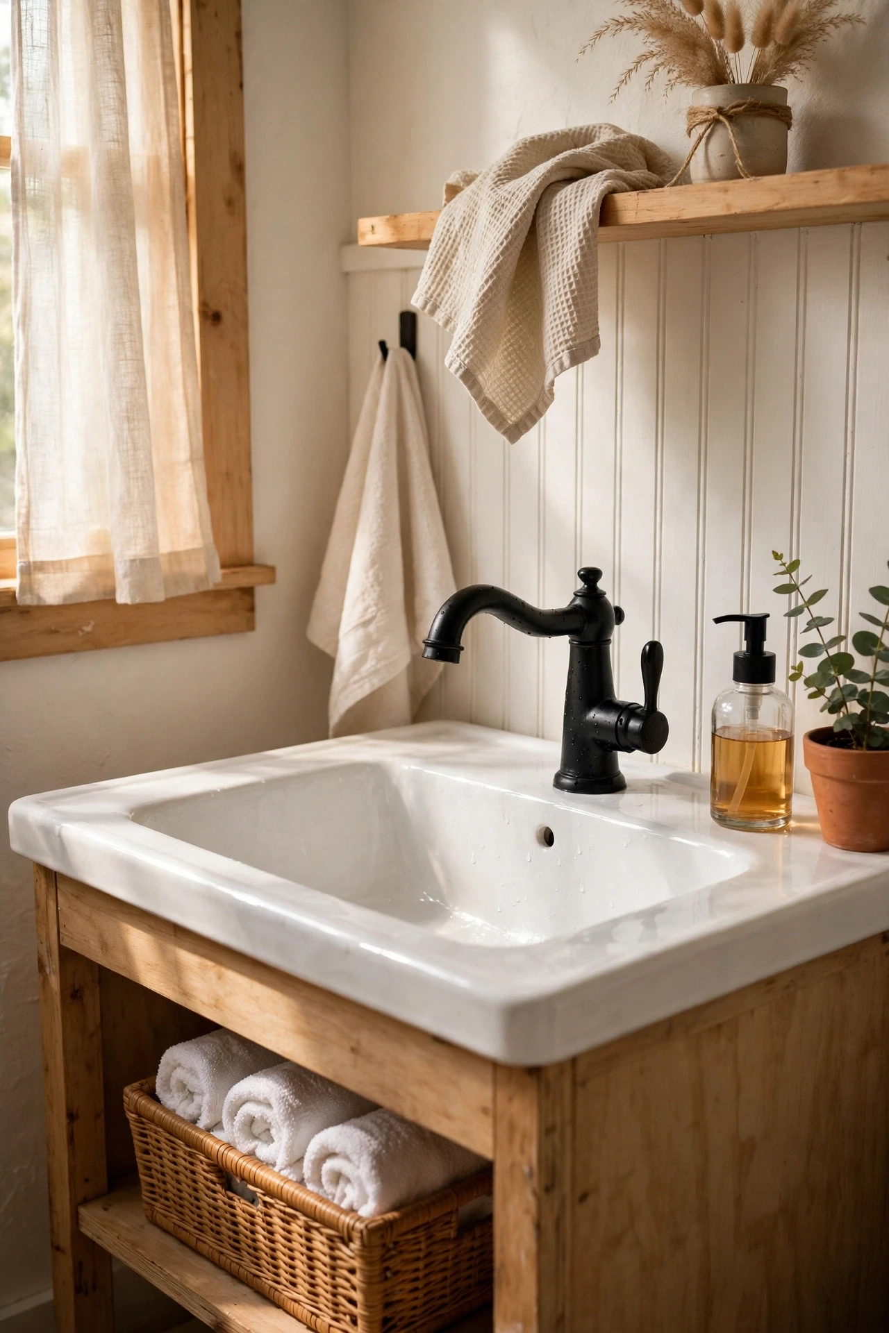 Matte black faucet on a white bathroom sink