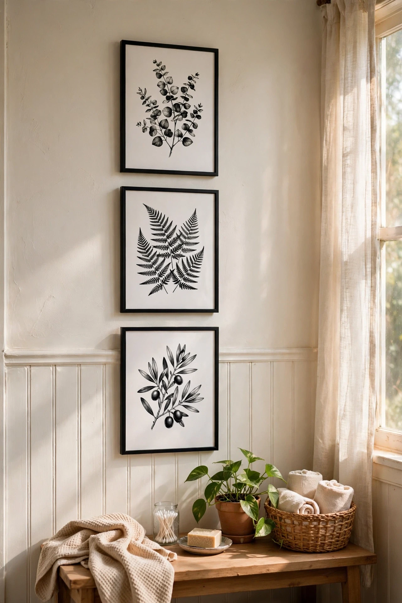 Black and white botanical prints in black frames on a bathroom wall