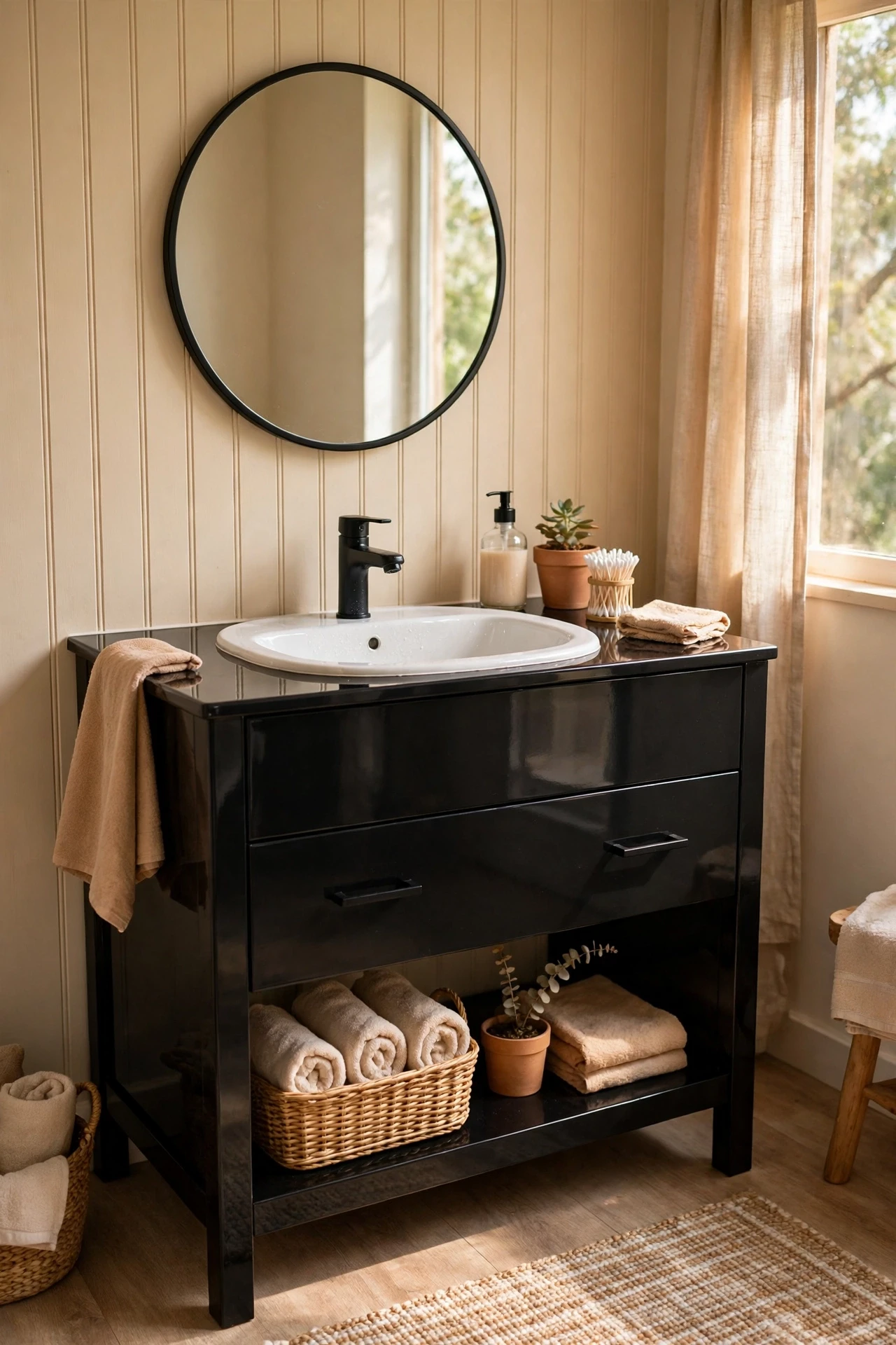 Glossy black bathroom vanity with white basin and round mirror
